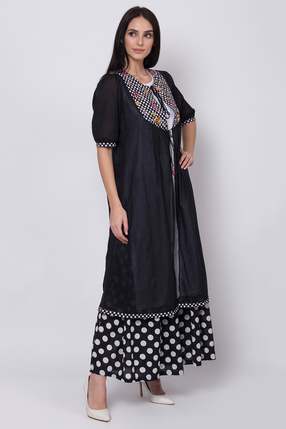 Black And White Cotton Front Open Printed Kurta image number 3