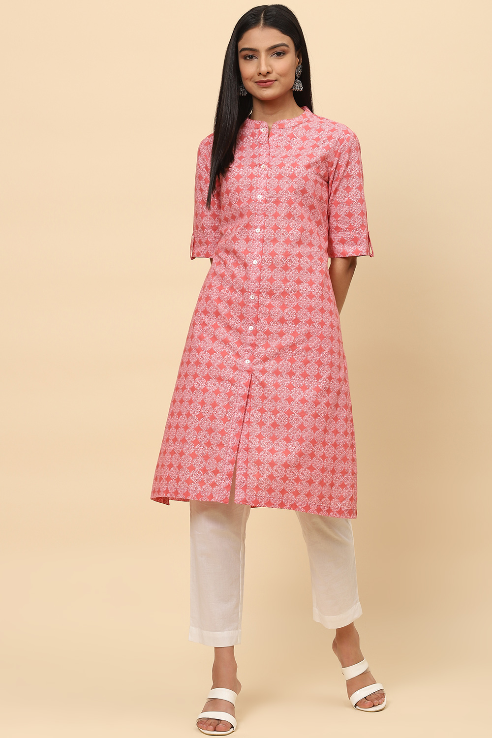 Dusty Pink Cotton Printed Short Kurti image number 0