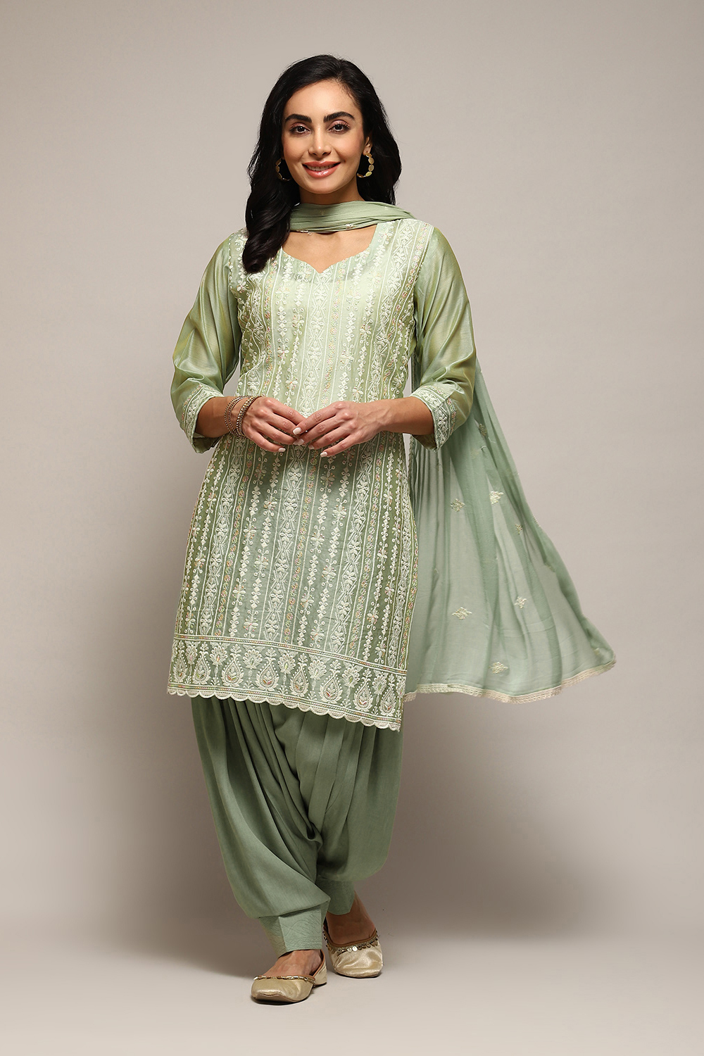 Green Chanderi Printed Unstitched Suit Set image number 8