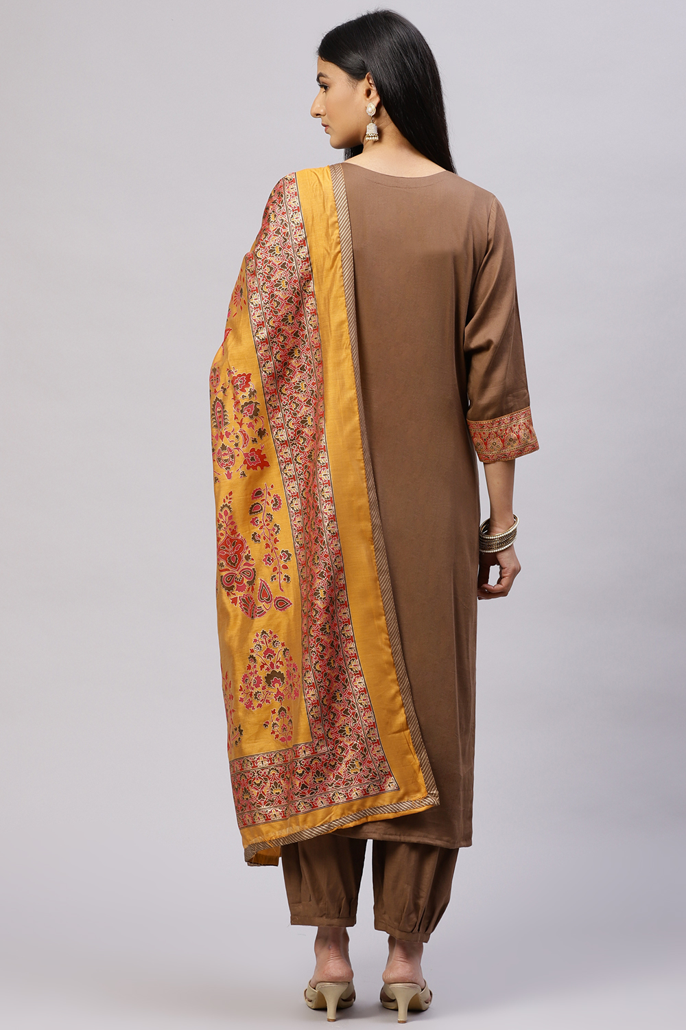 Brown Cotton Blend Digital Print Unstitched Suit Set image number 4