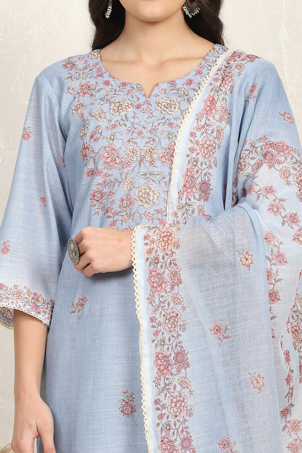 Sky Blue Linen Blend Unstitched Suit Set image number 2