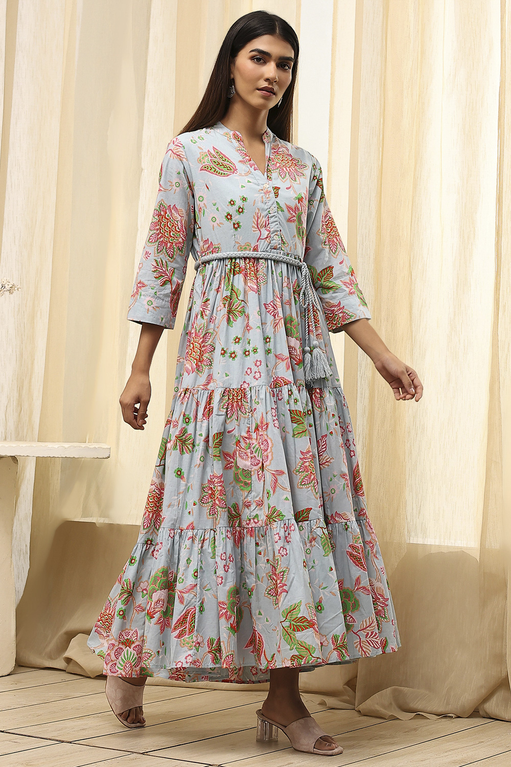 Earthy Blue Cotton Floral Tiered Dress image number 3