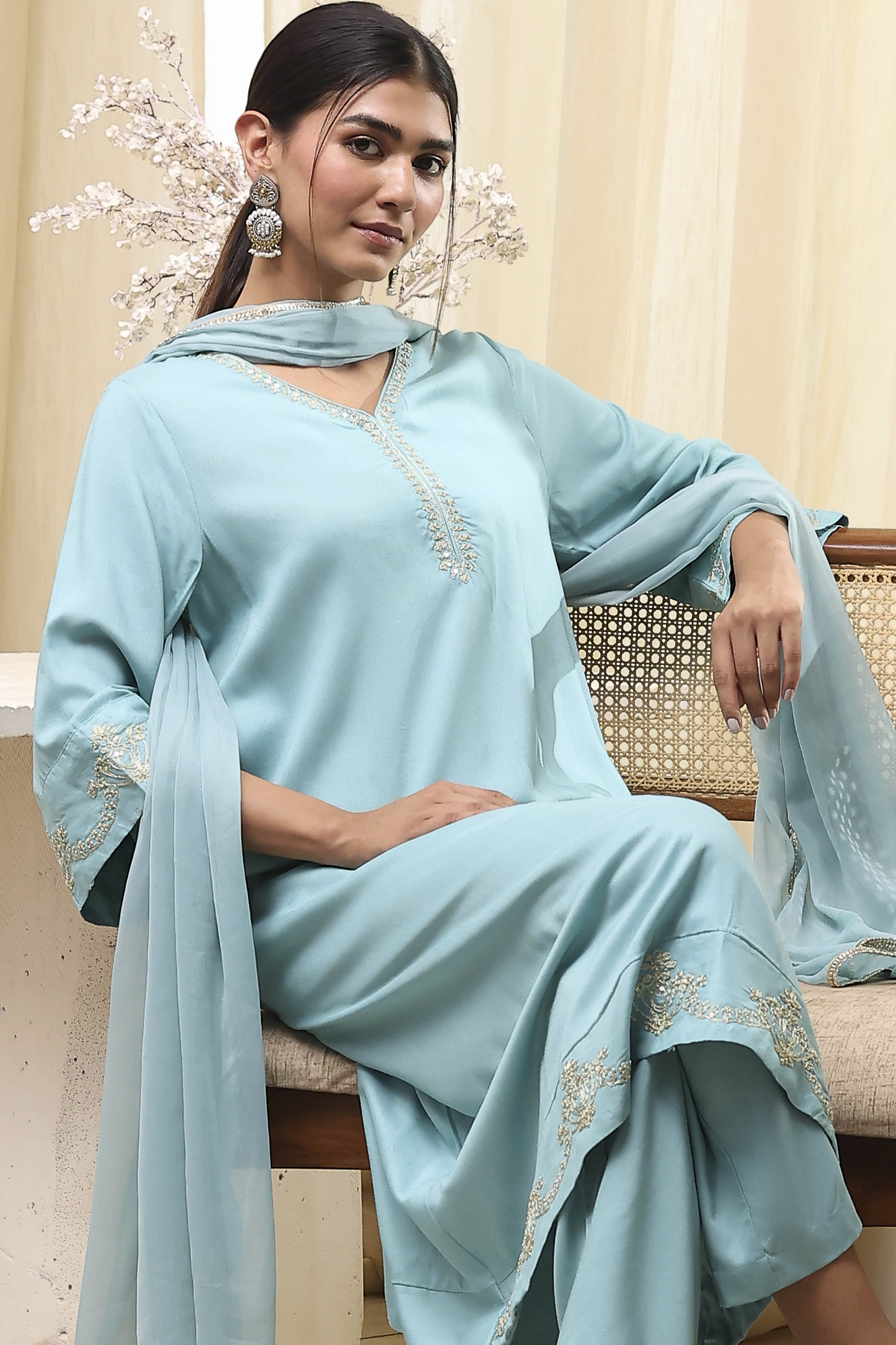 Dull Blue Solid A-Line Suit Set image number 0