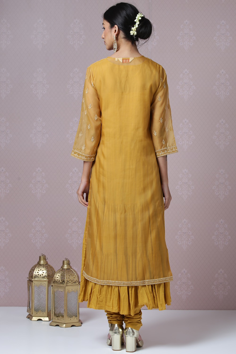 Mustard Art Silk Double Layered Kurta Churidar Suit Set image number 8