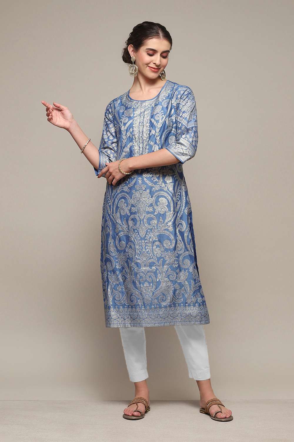 Blue Polyester Straight Printed Kurta image number 0