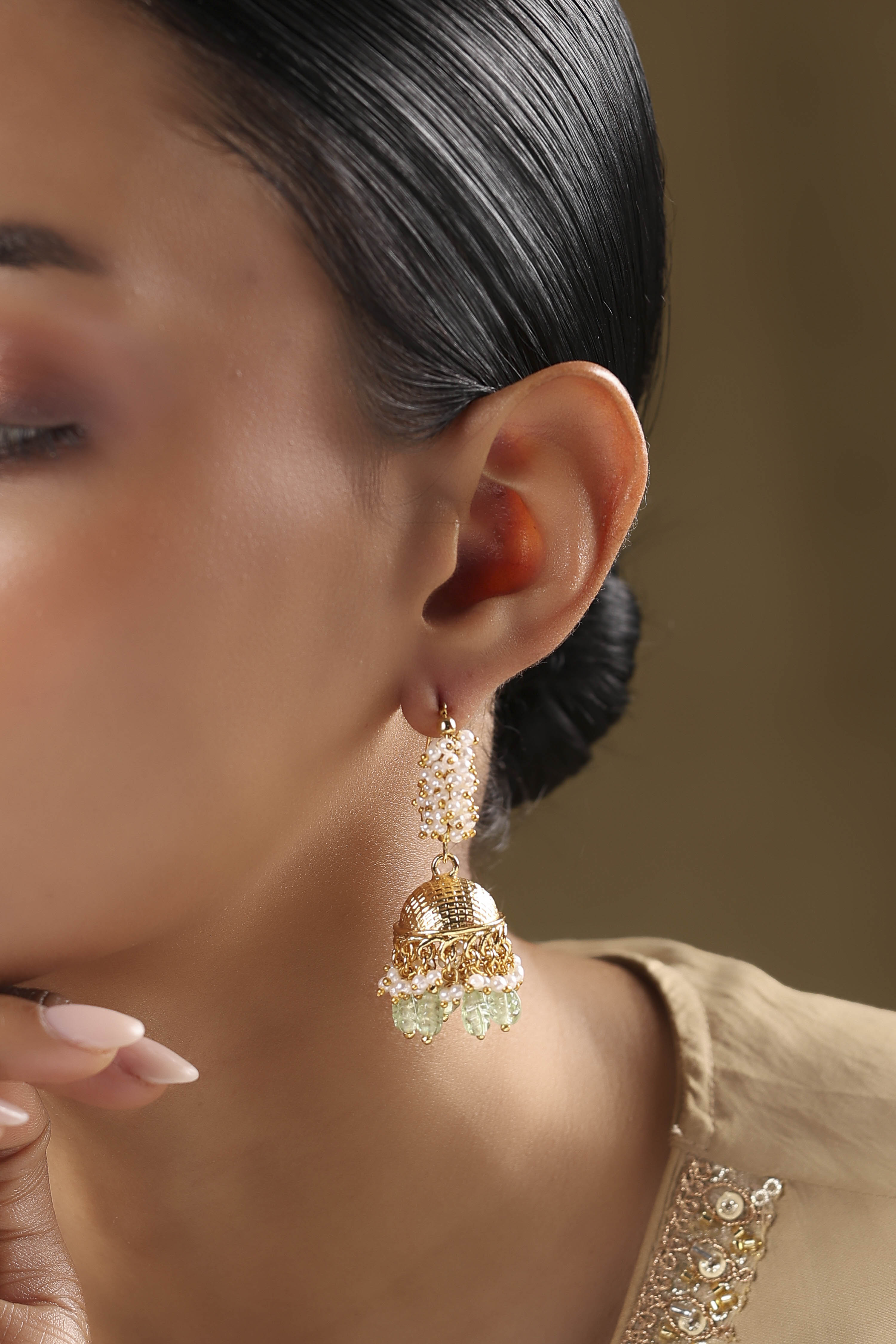 Mint Green Brass Jhumka image number 1