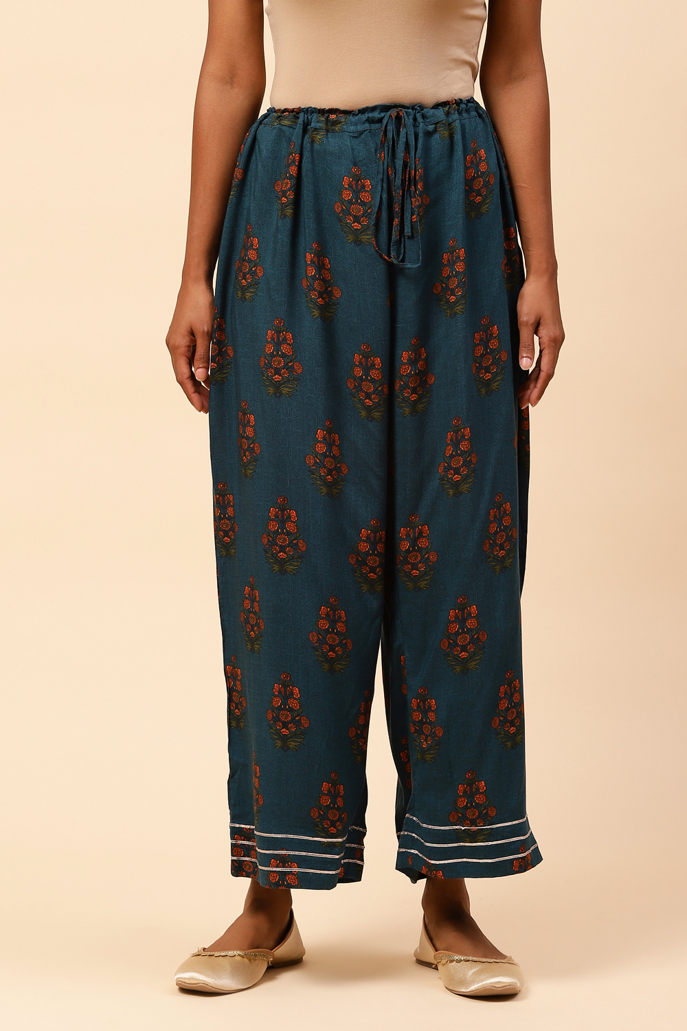 Rust Cotton Floral Palazzo Pants image number 0