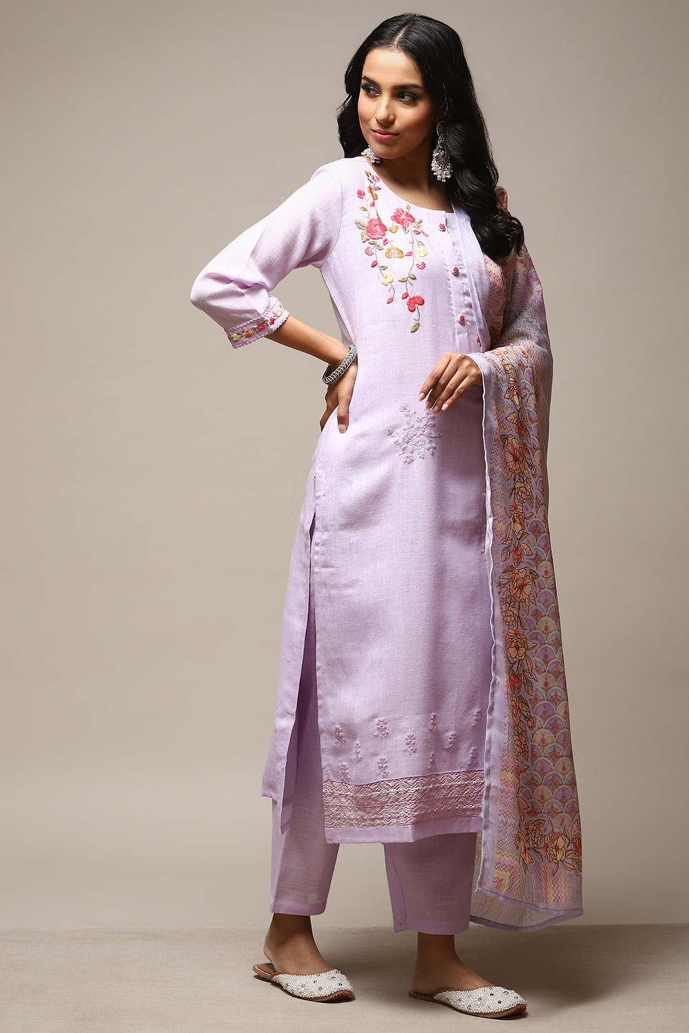 Lavender Linen Machine Embroidered Unstitched Suit Set image number 12