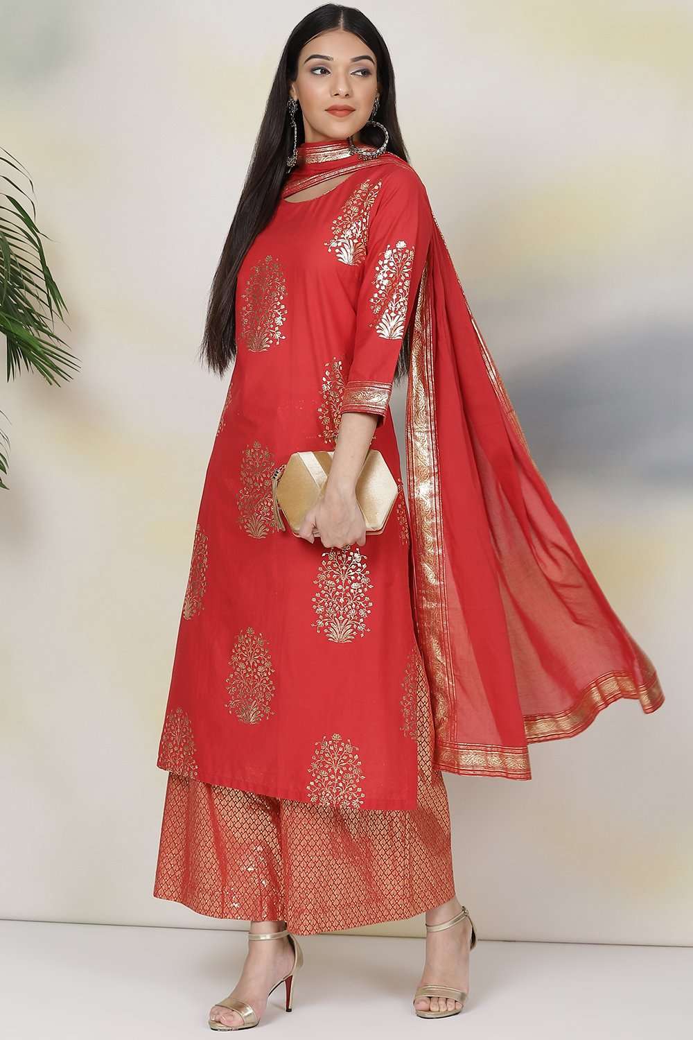 Red Straight Cotton Straight Kurta Palazzo Suit Set image number 6