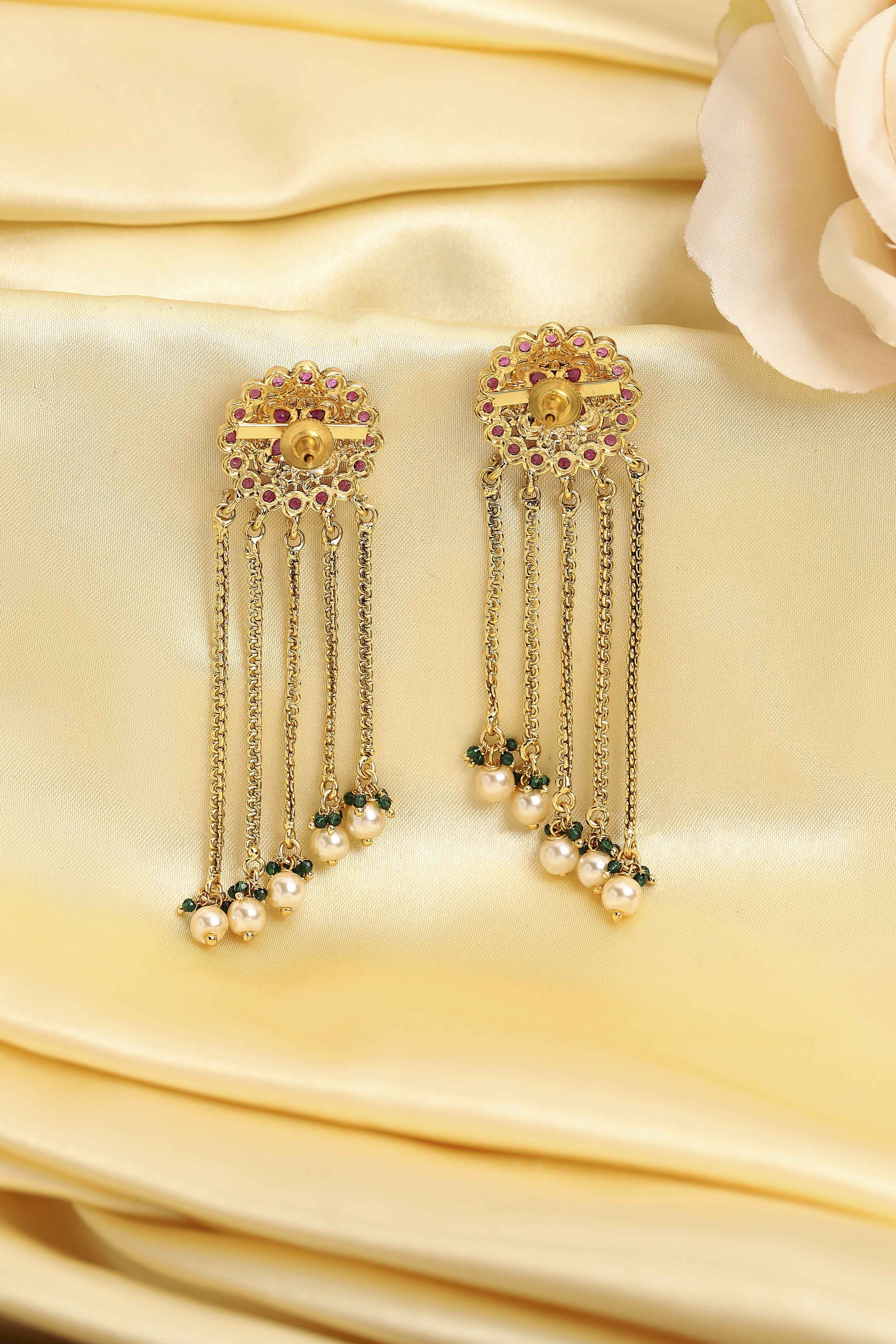 Multicolour Gold Plated Brass Stone Studded Drop Earrings image number 2