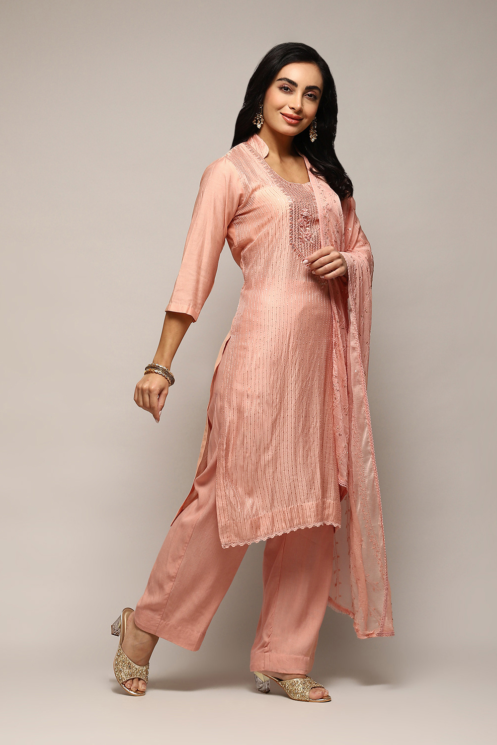 Peach Chanderi Hand Embroidered Unstitched Suit Set image number 7