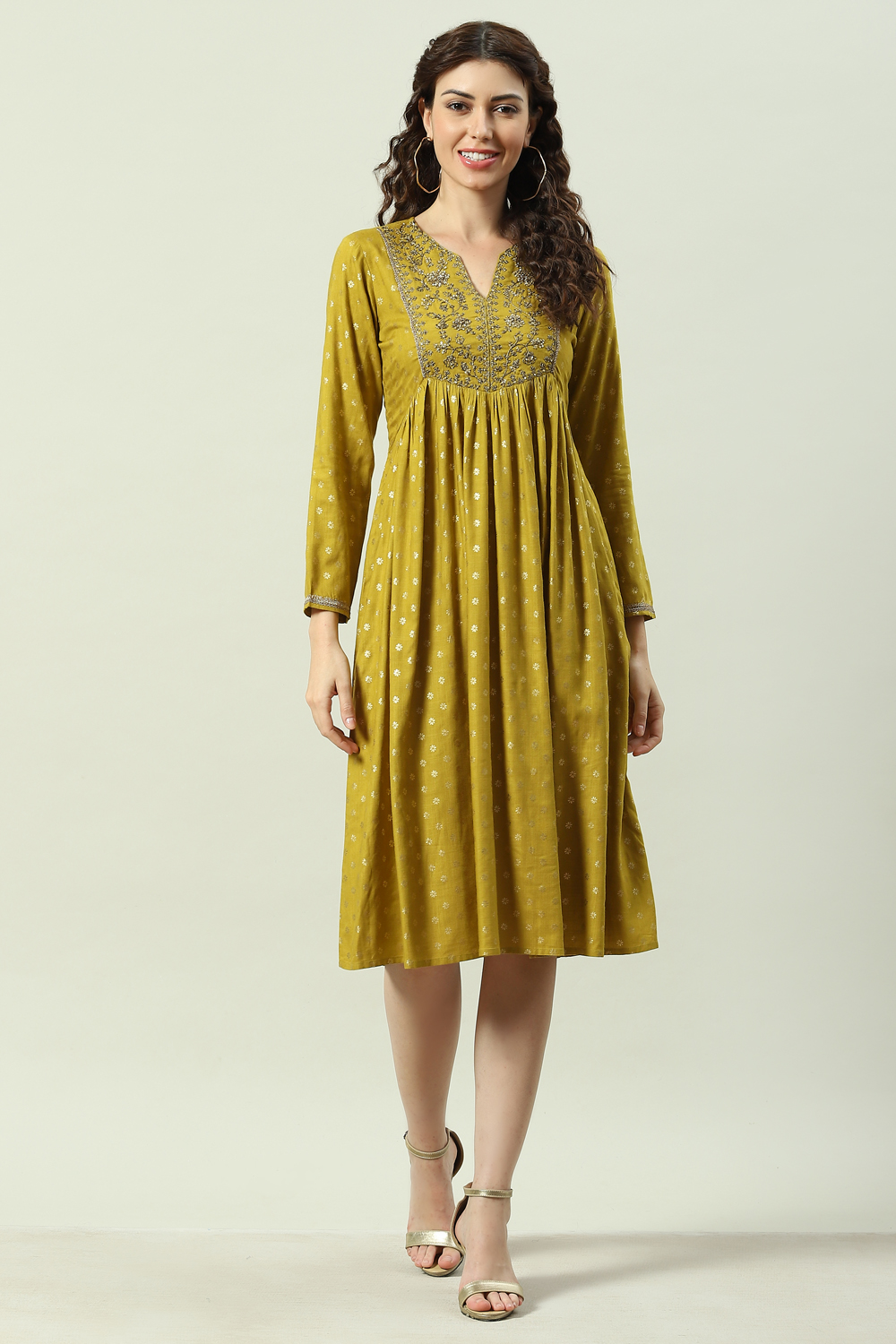 Green Rayon Flared Printed Kurta Dress image number 0