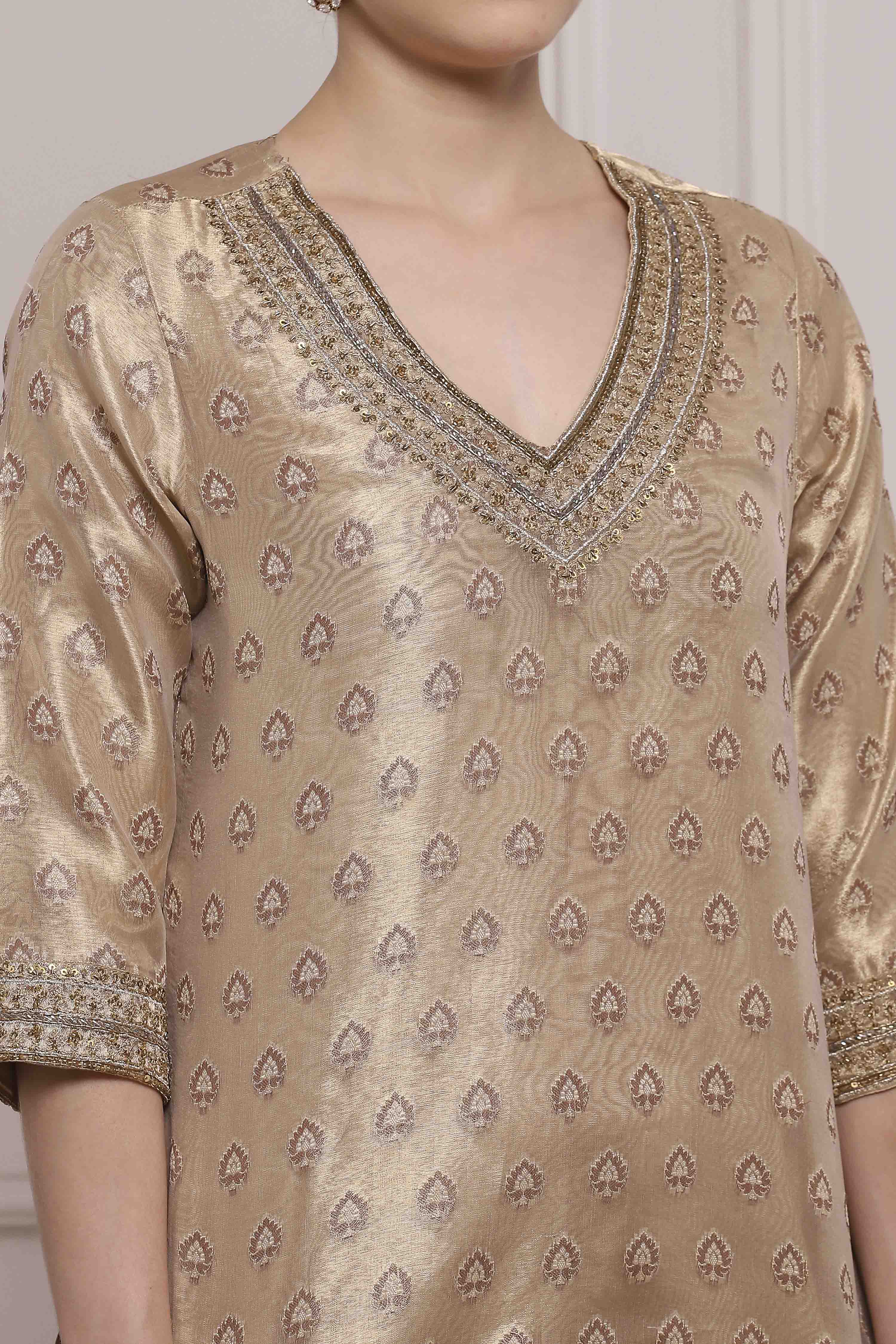 Gold Cotton Straight Yarndyed Sharara Suit Set image number 1