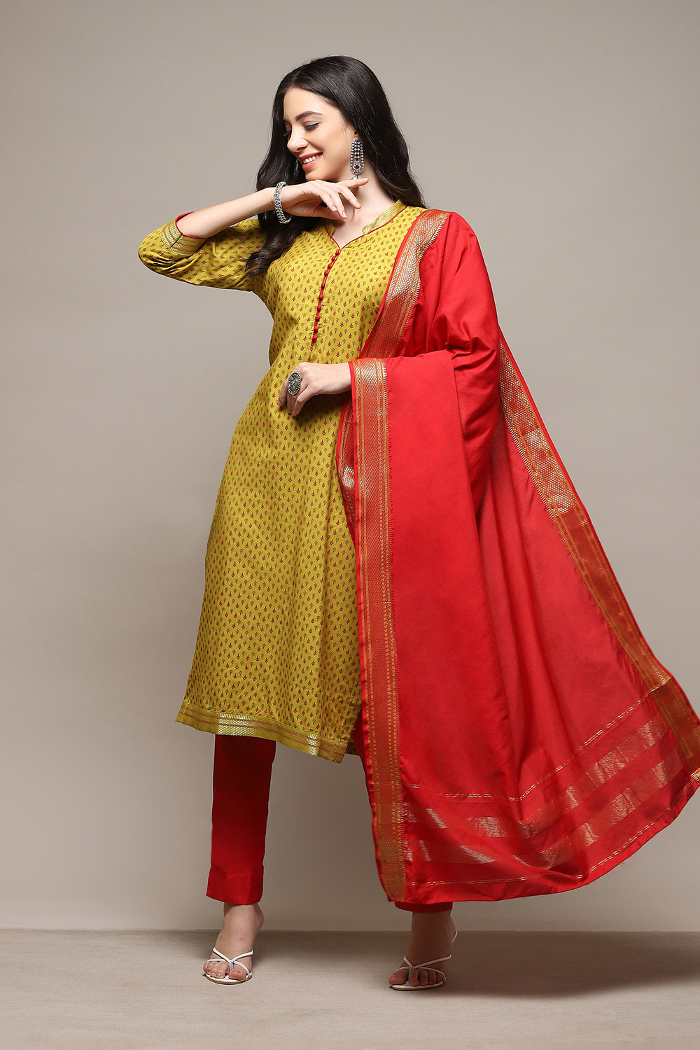 Yellow Cotton Handloom Unstitched Suit Set image number 1