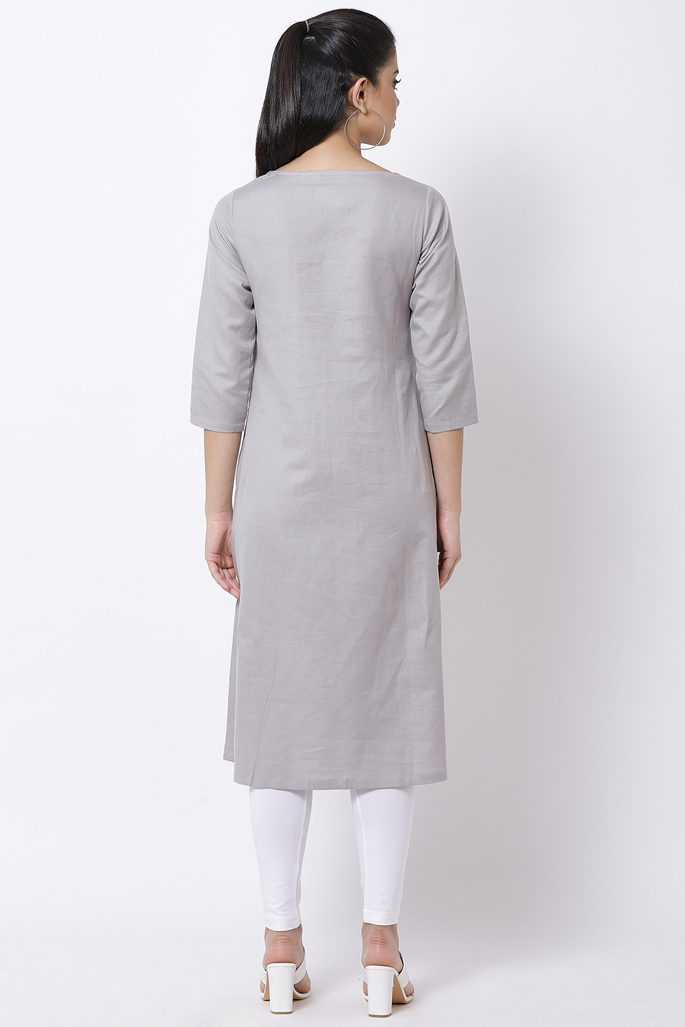 Grey Cotton Linen A-Line Yarndyed Kurta image number 4