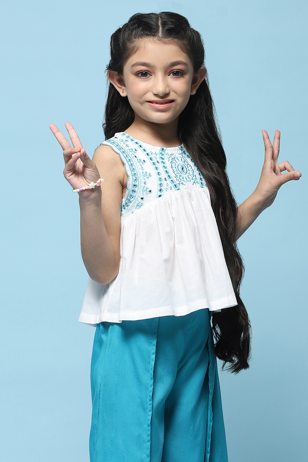 White Cotton Top With Contrast Colored Embroidery  image number 4