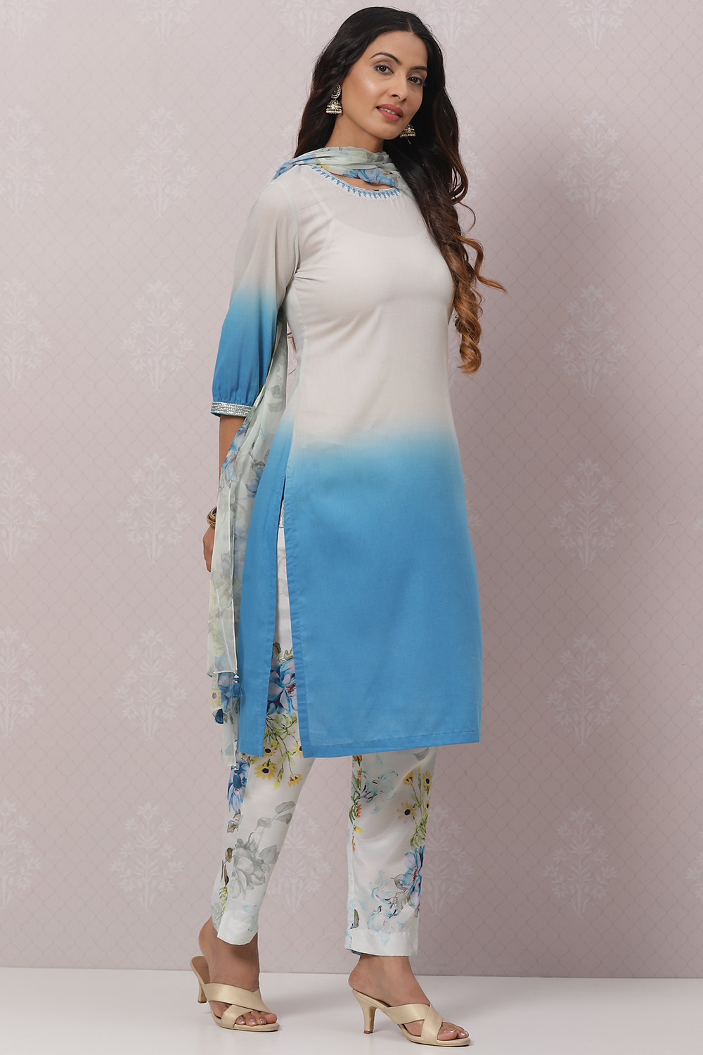 Ice Blue Poly Viscose Straight Kurta Slim Pant Suit Set image number 5