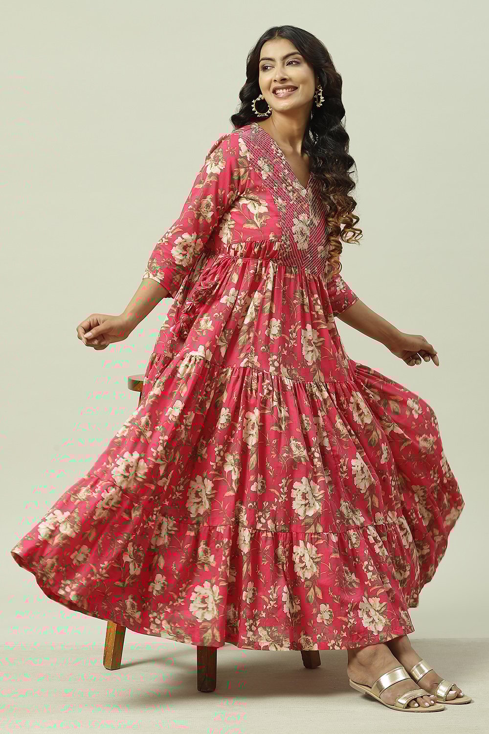 Navy Cotton Tiered Printed Dress image number 5
