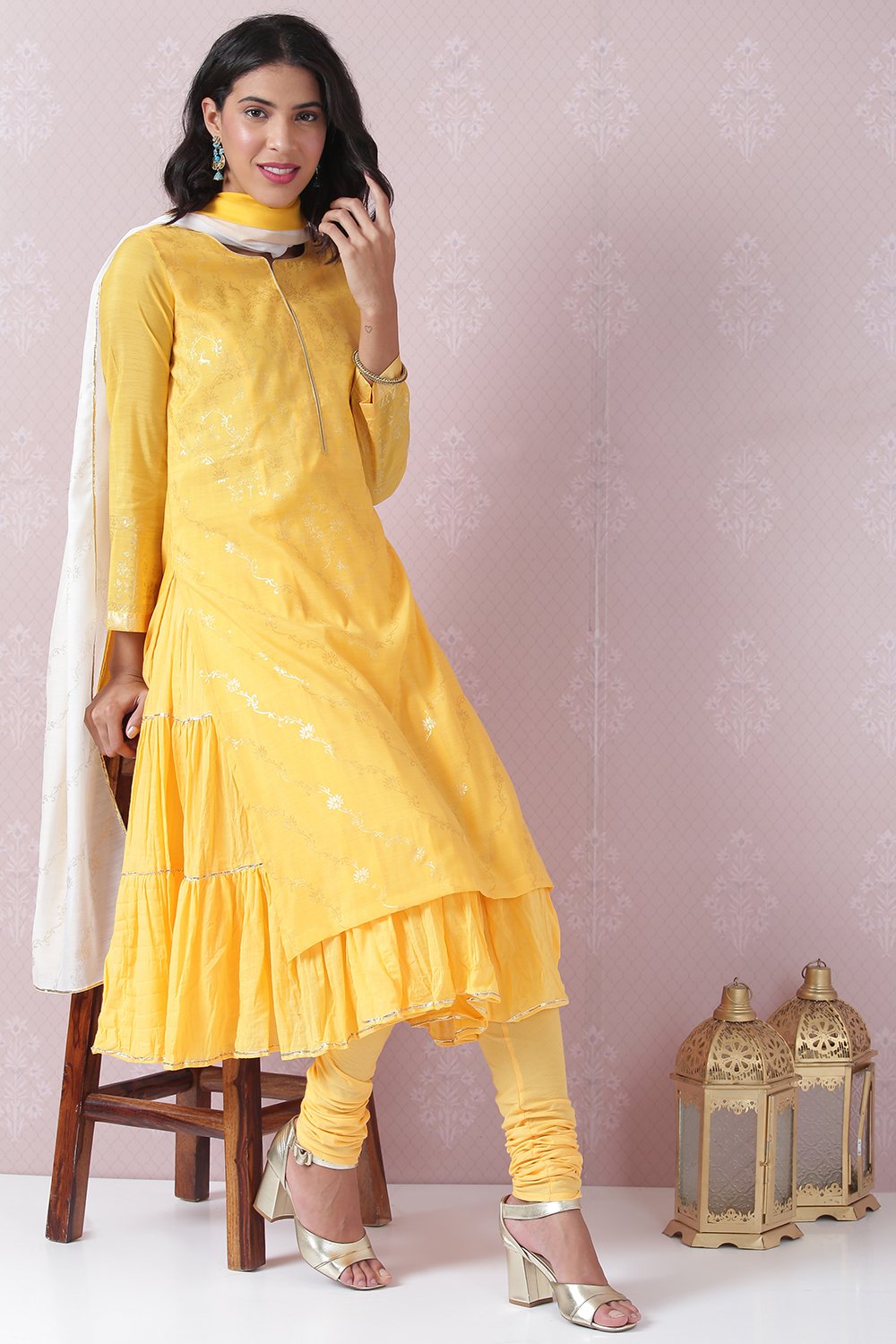 Yellow Art Silk Straight Kurta Churidar Suit Set image number 0