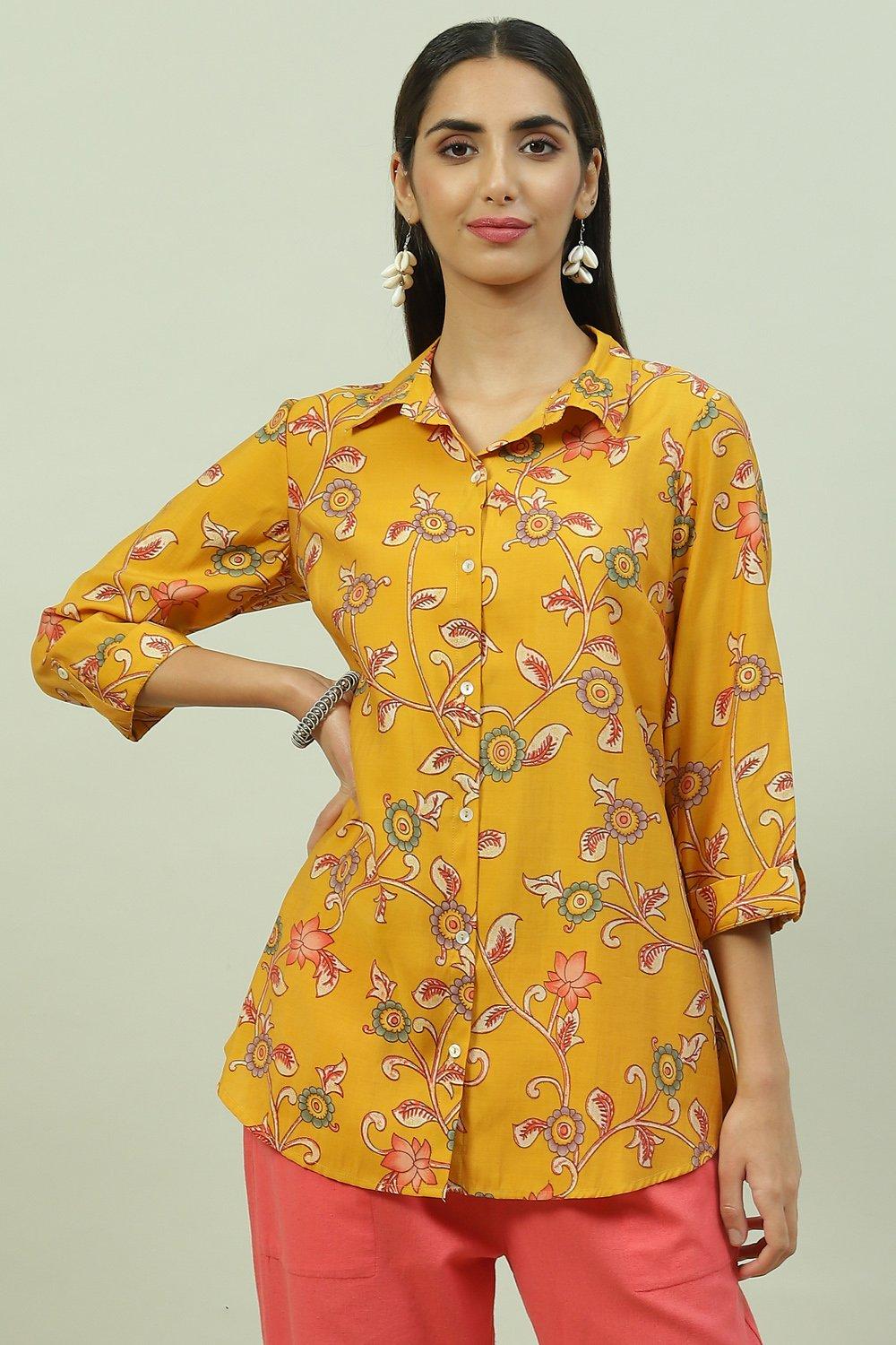 Mustard LIVA Straight Printed Shirt image number 2