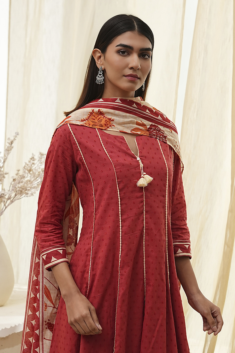 Rust Cotton Yarn-Dyed Kalidar Suit Set image number 1