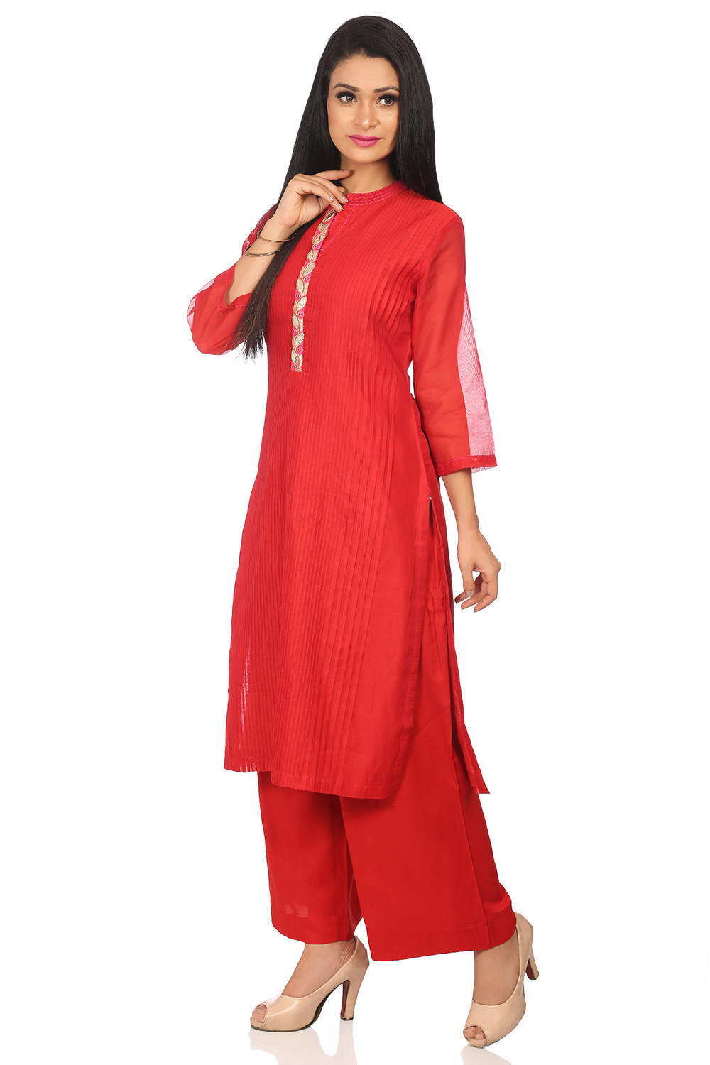 Red Poly Cotton Straight Kurta Palazzo Suit Set image number 2