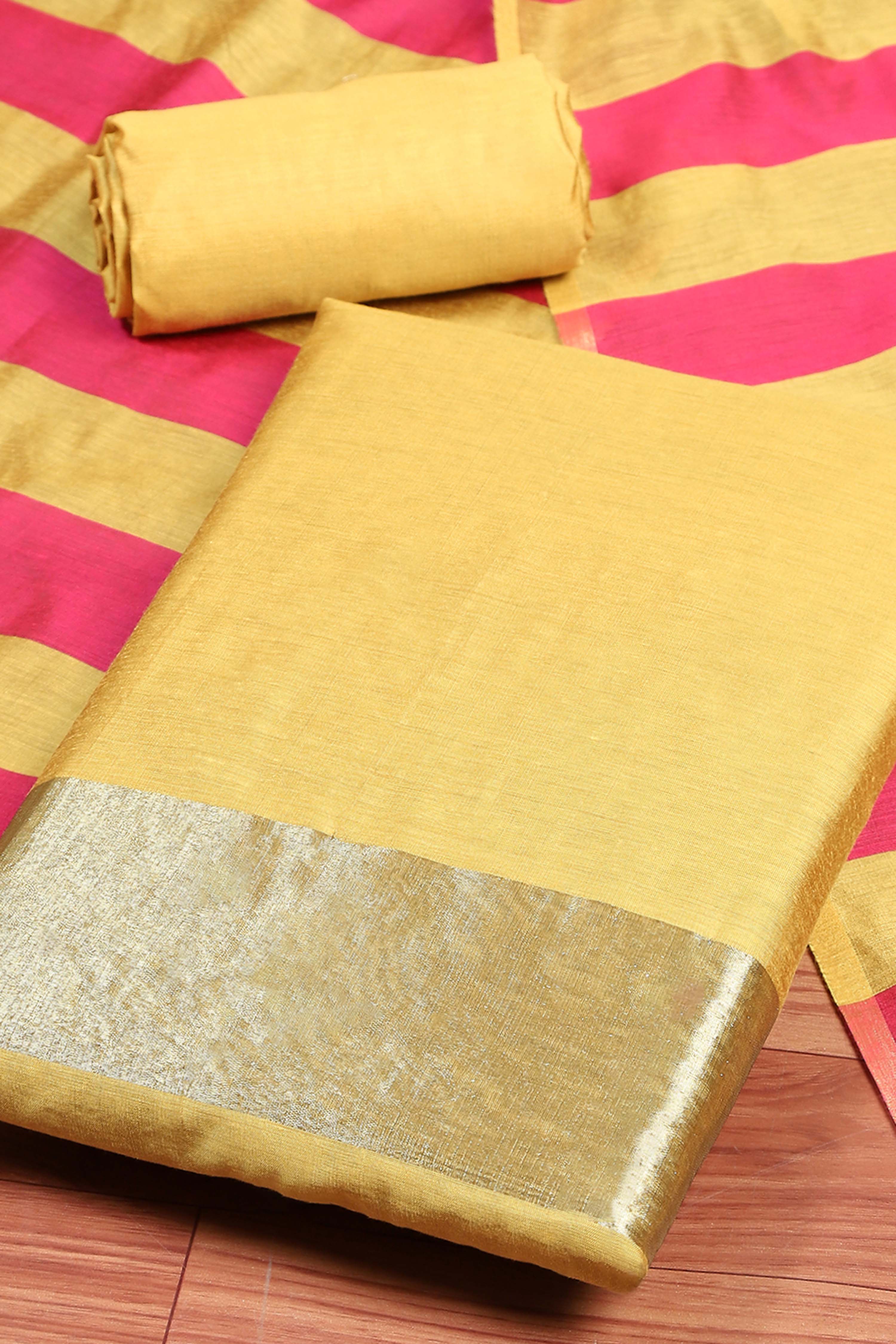 Mustard Poly Cotton Banarasi Unstitched Suit Set image number 1