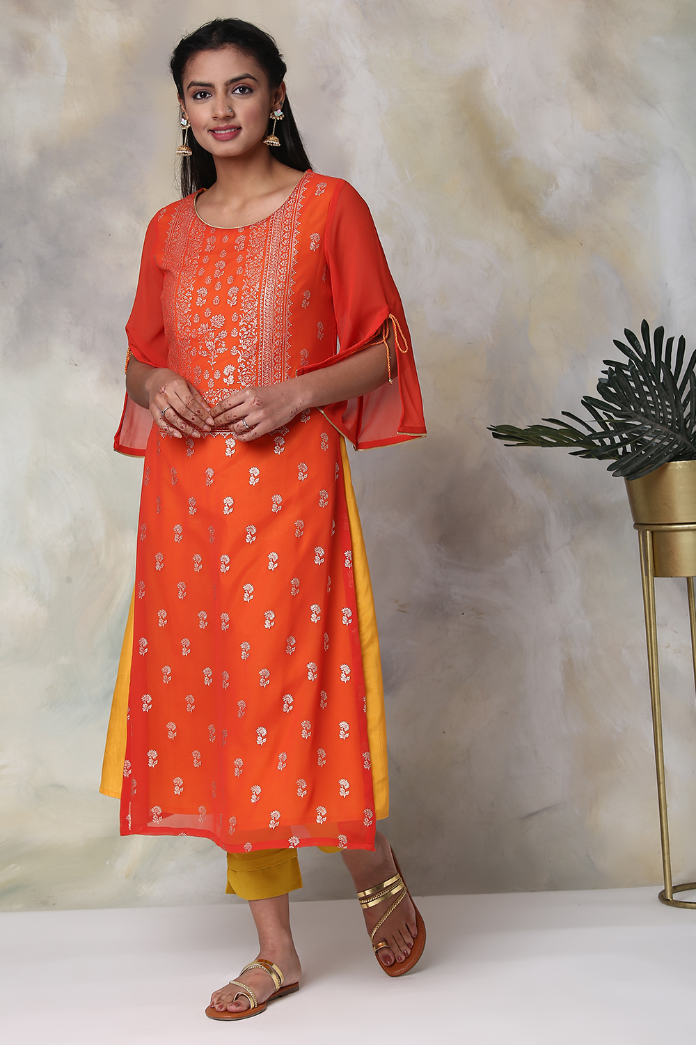 Red Art Silk A-Line Printed Kurta image number 2