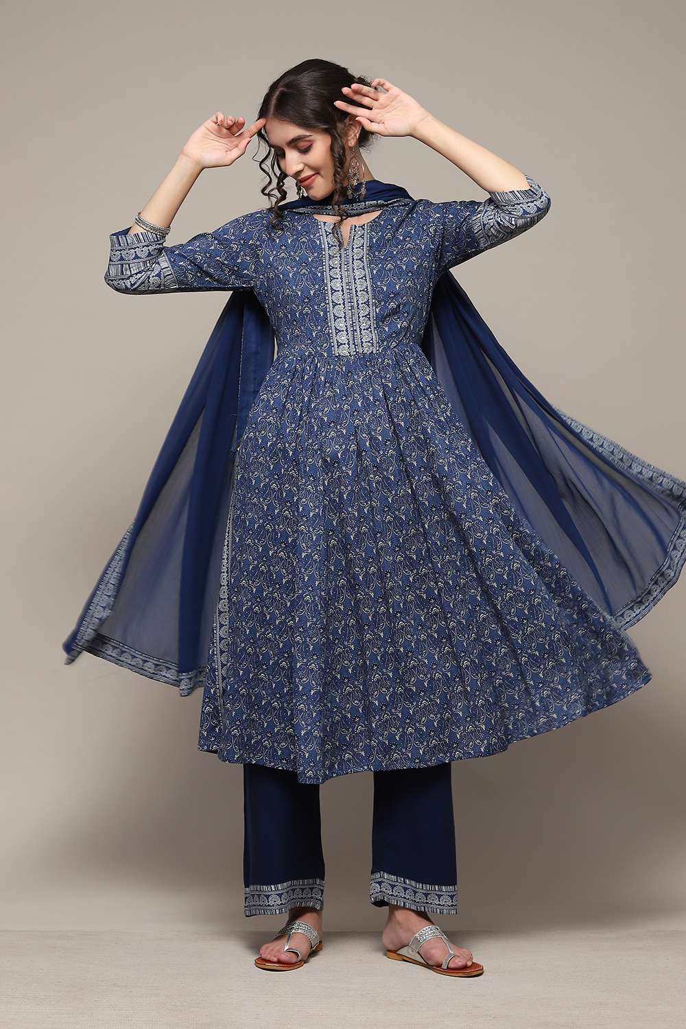 Blue LIVA Gathered Kurta Palazzo Suit Set image number 0