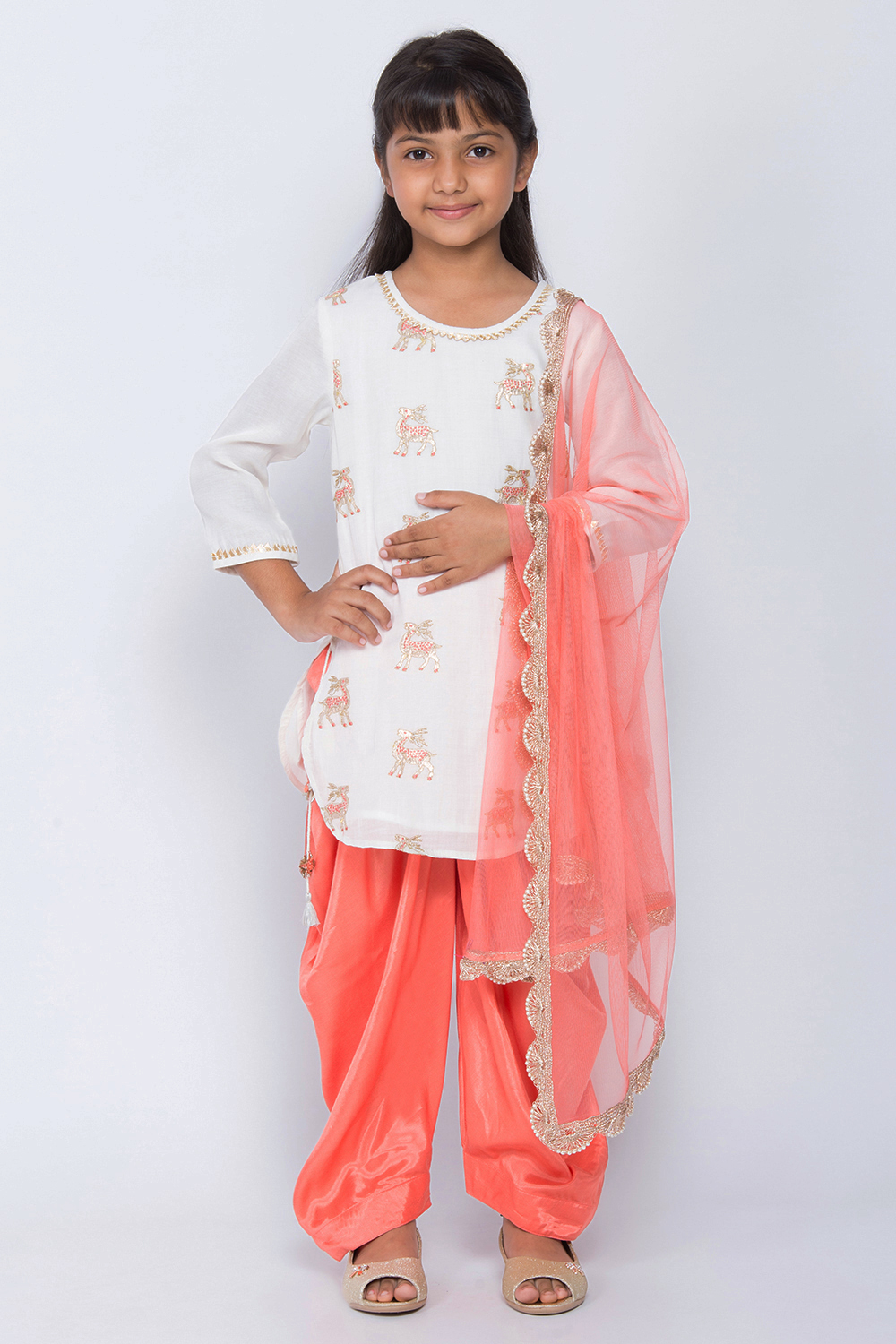 Ivory And Coral Straight Kurta Dhoti Salwar Suit Set image number 0