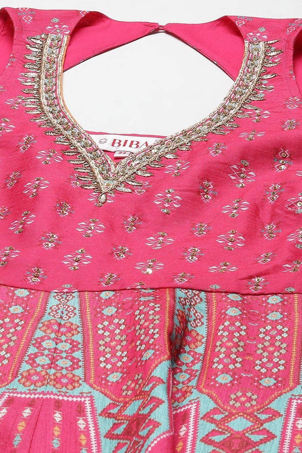 Fuschia Cotton Blend Flared Printed Kurta Suit Set image number 1
