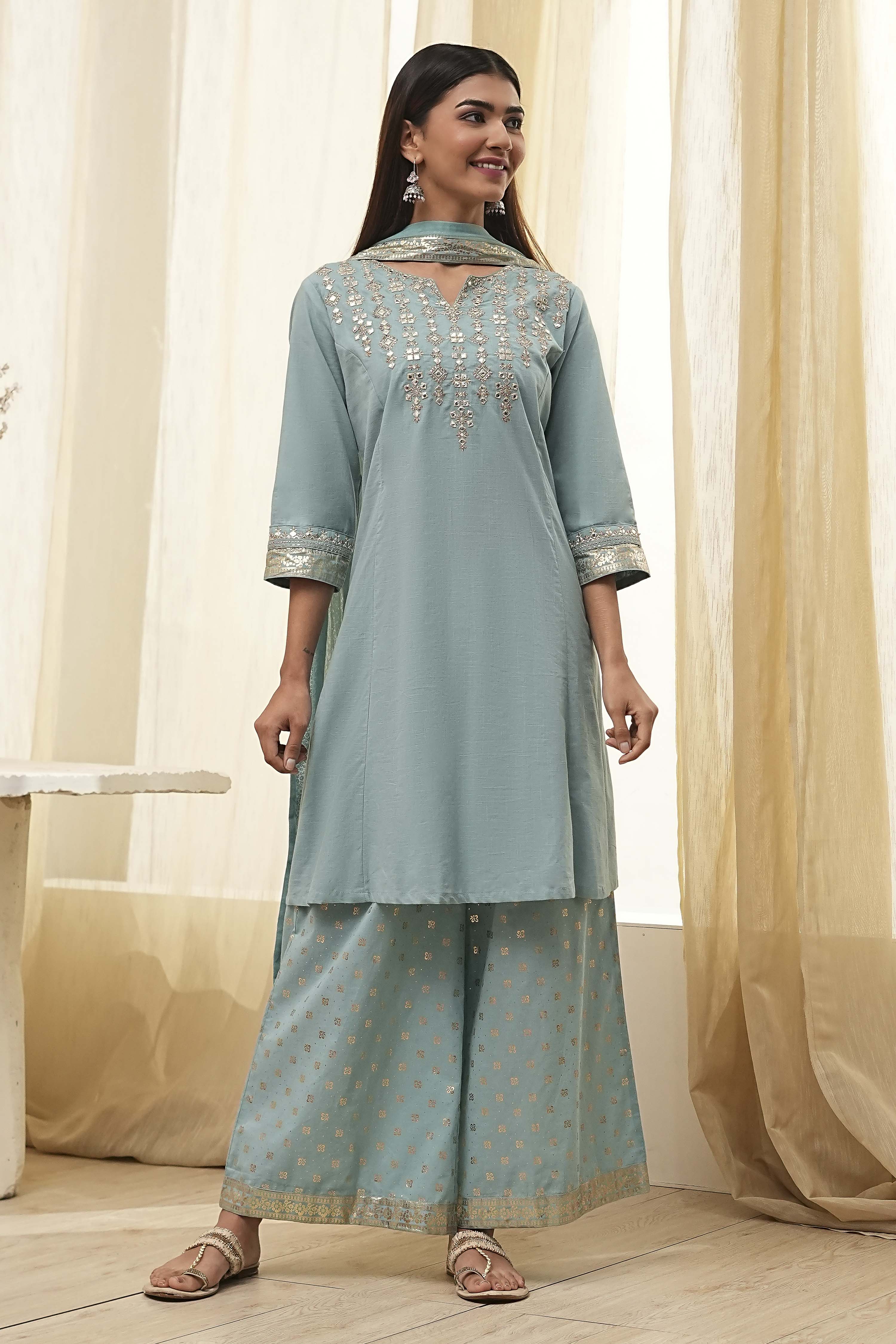 Dull Blue Cotton Embroidered Kalidar Suit Set image number 6