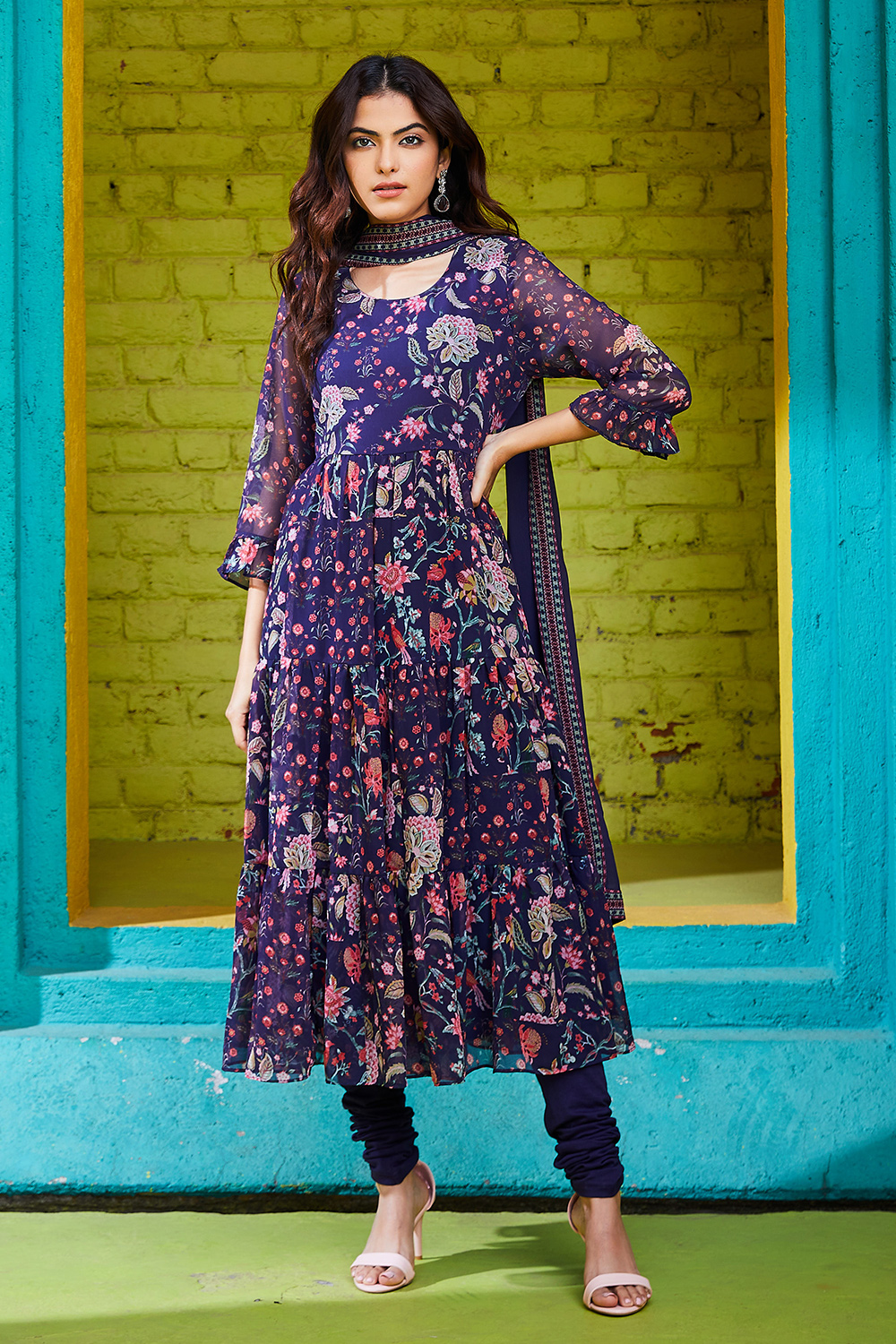 Indigo Polyester Anarkali Suit Set image number 7