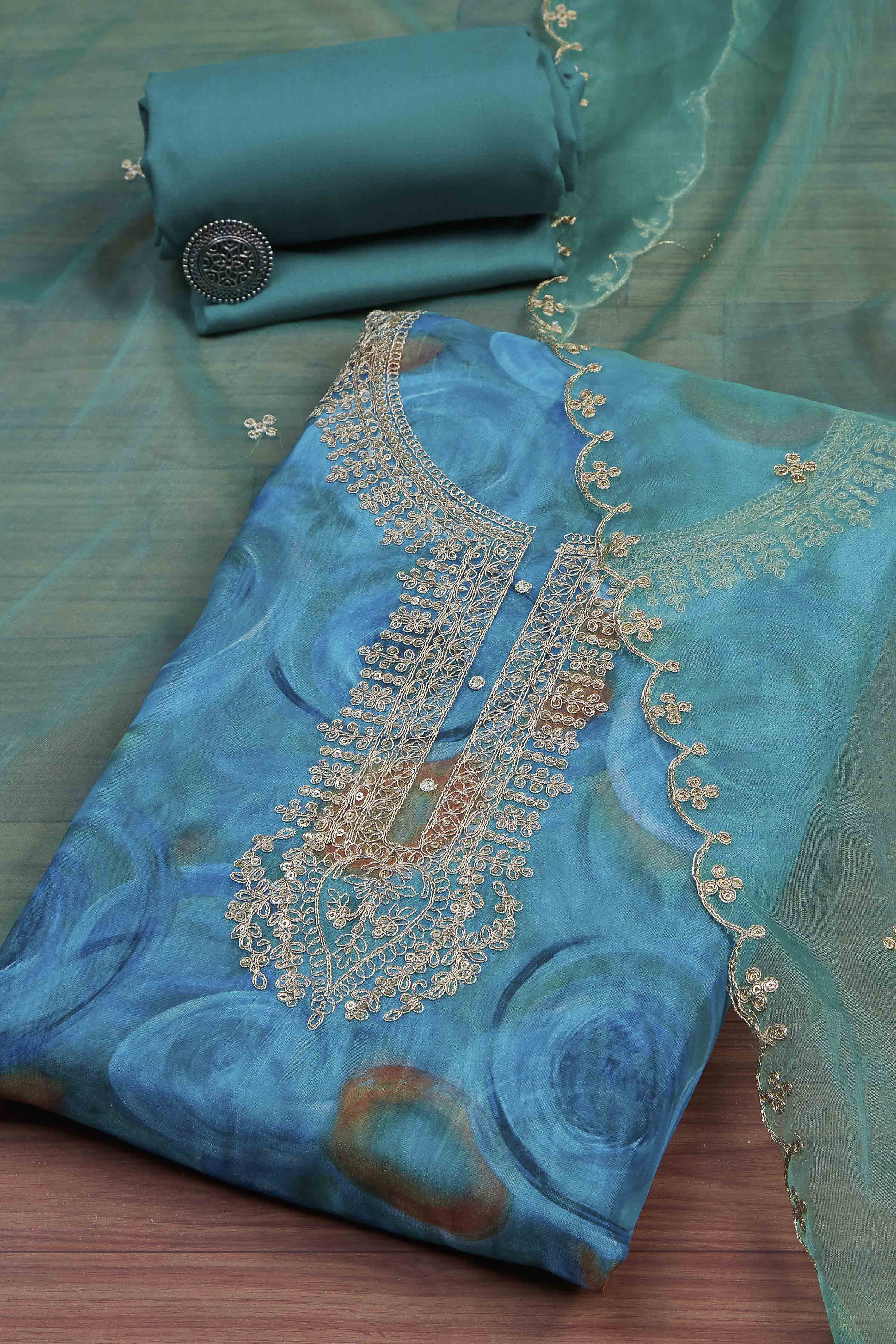 Peach-Colored Organza Rajasthani Print Unstitched Suit Set image number 0