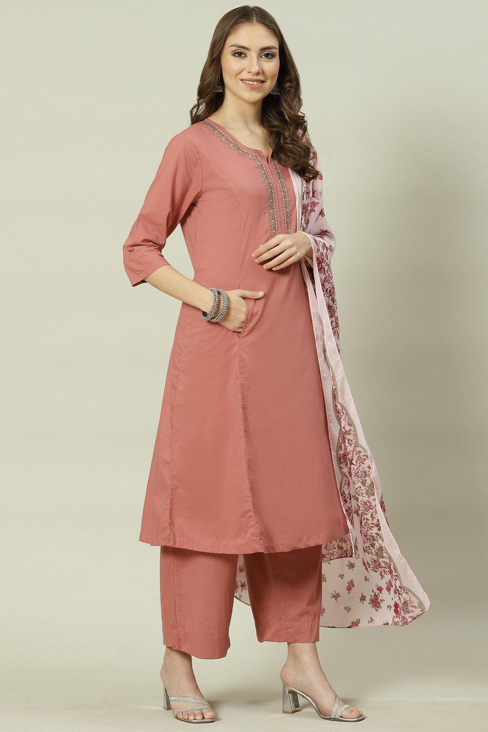 Peach Solid Cotton Kalidar Kurta Palazzo Suit Set image number 6