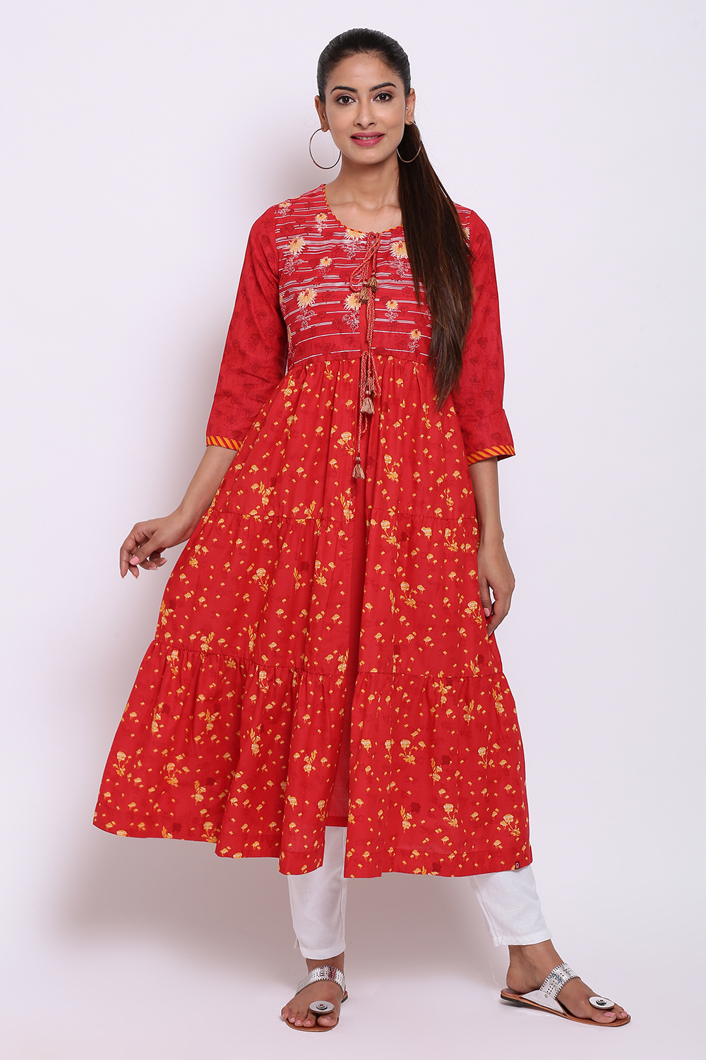Red Cotton Double Layered Printed Kurta image number 2