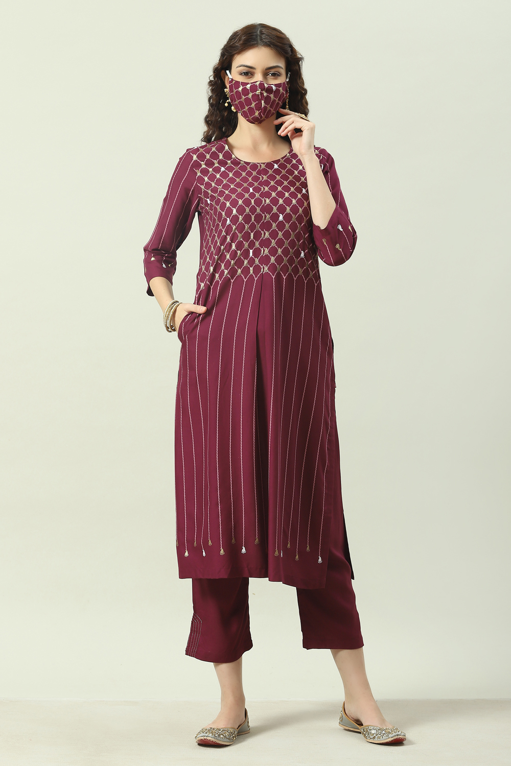 Plum Printed Rayon Straight Kurta Regular Pant Suit Set image number 3