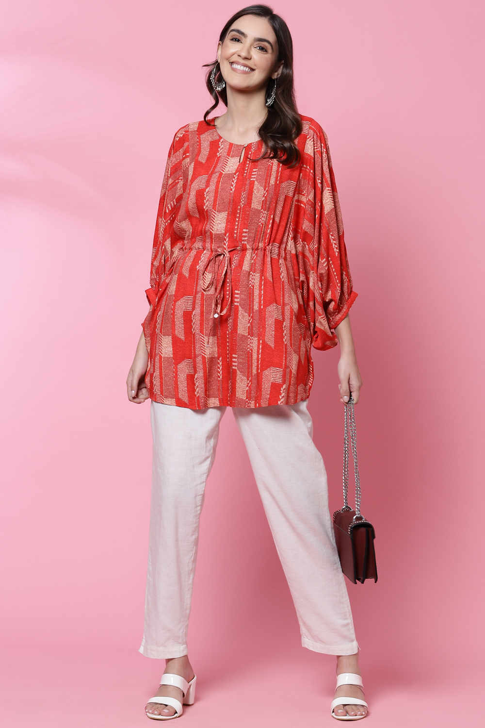 Red LIVA Flared Printed Short Kurti image number 5