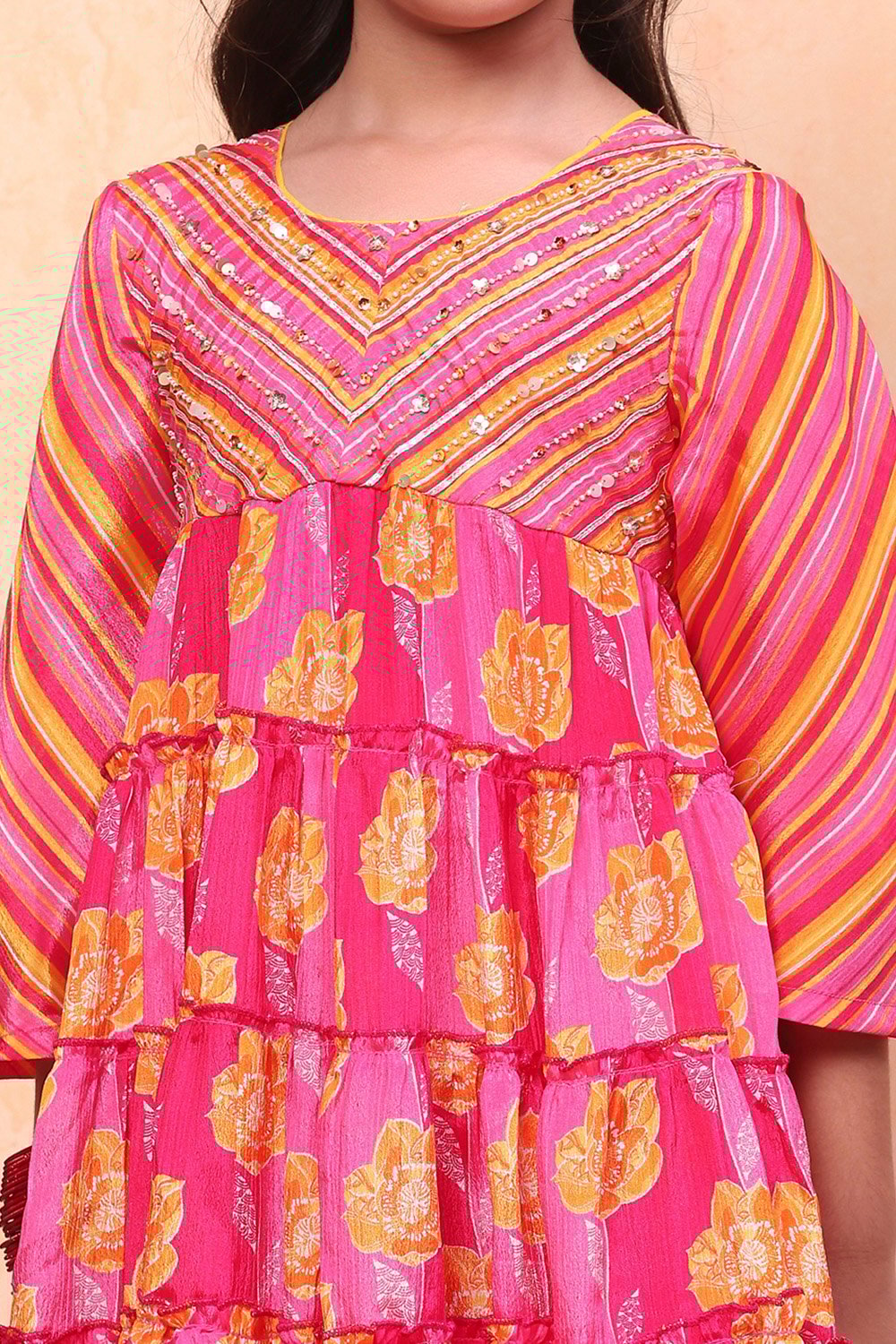 Pink and Yellow Floral Tiered Flared Festive Suit Set image number 1