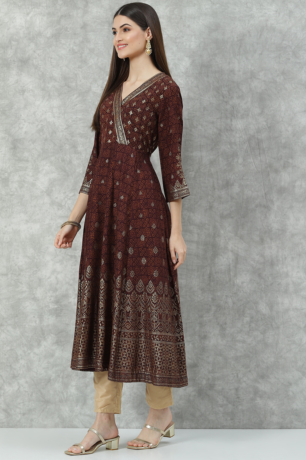 Brown Rayon Flared Printed Kurta image number 2