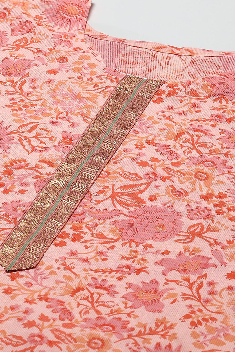 Peach Cotton Hand Block Print Unstitched Suit Set image number 2
