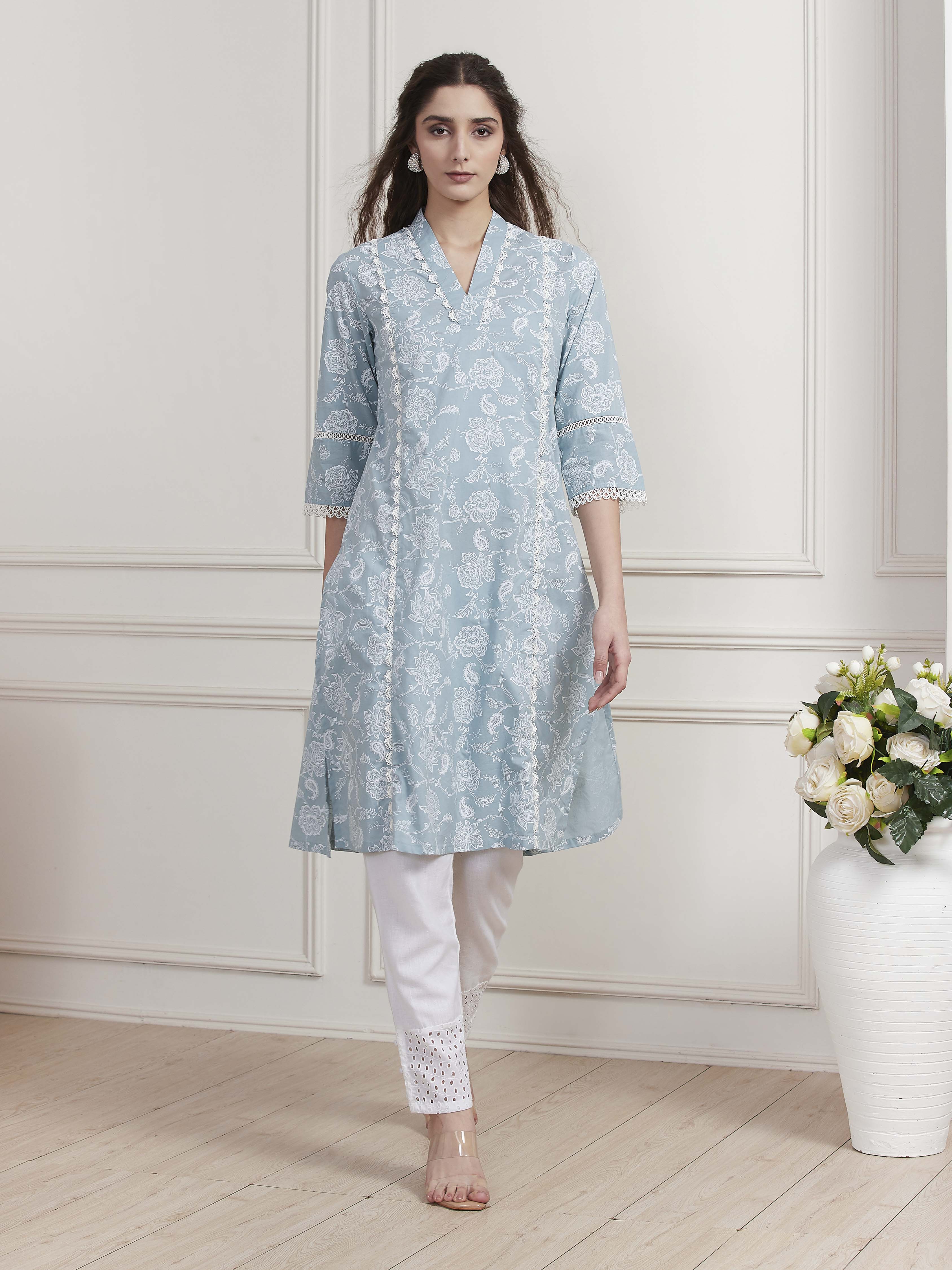 Blue Cotton Printed Straight Kurta image number 0