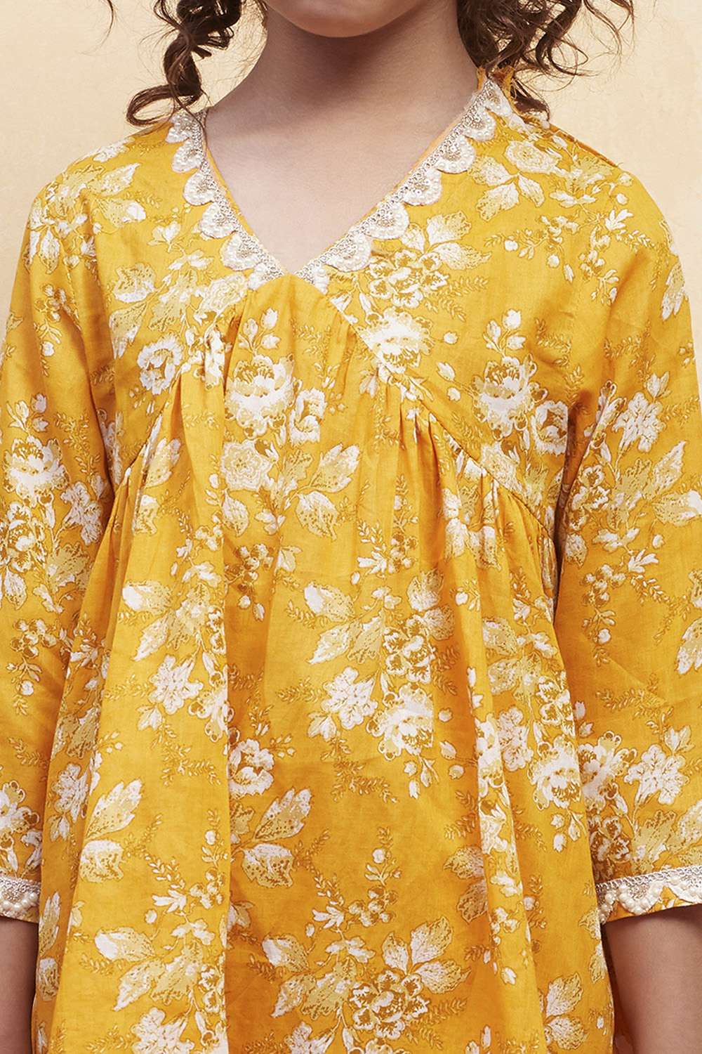 Yellow Cotton Gathered Suit Set image number 1