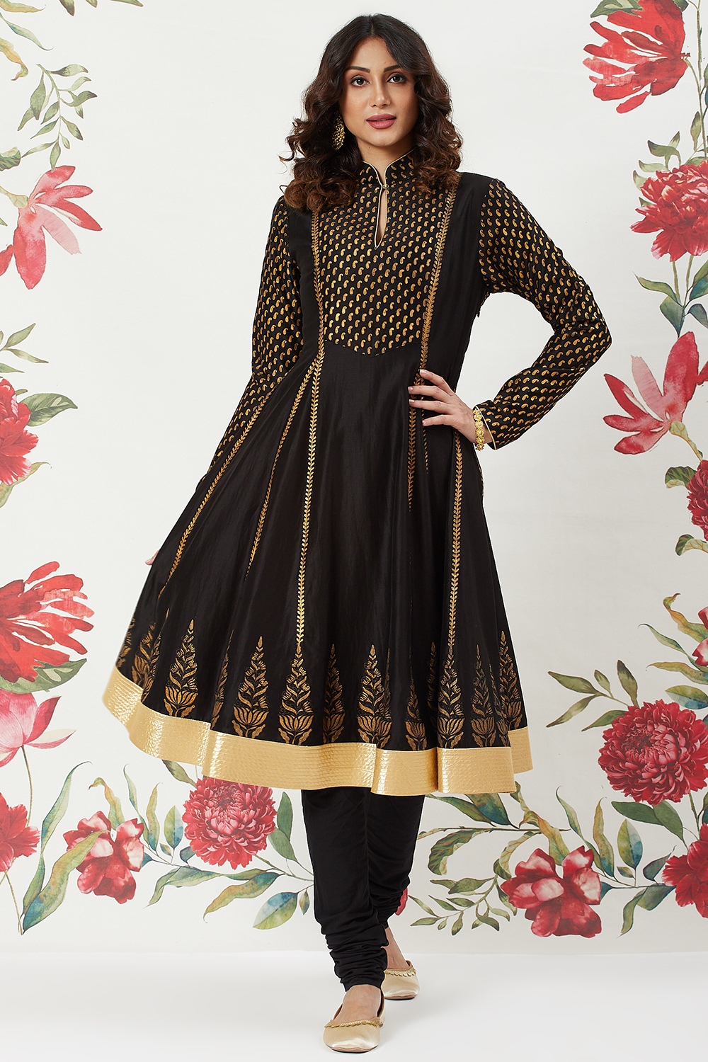 Rohit Bal Black Chanderi Silk Kalidar Solid Suit Set Kurta, Churidar ...