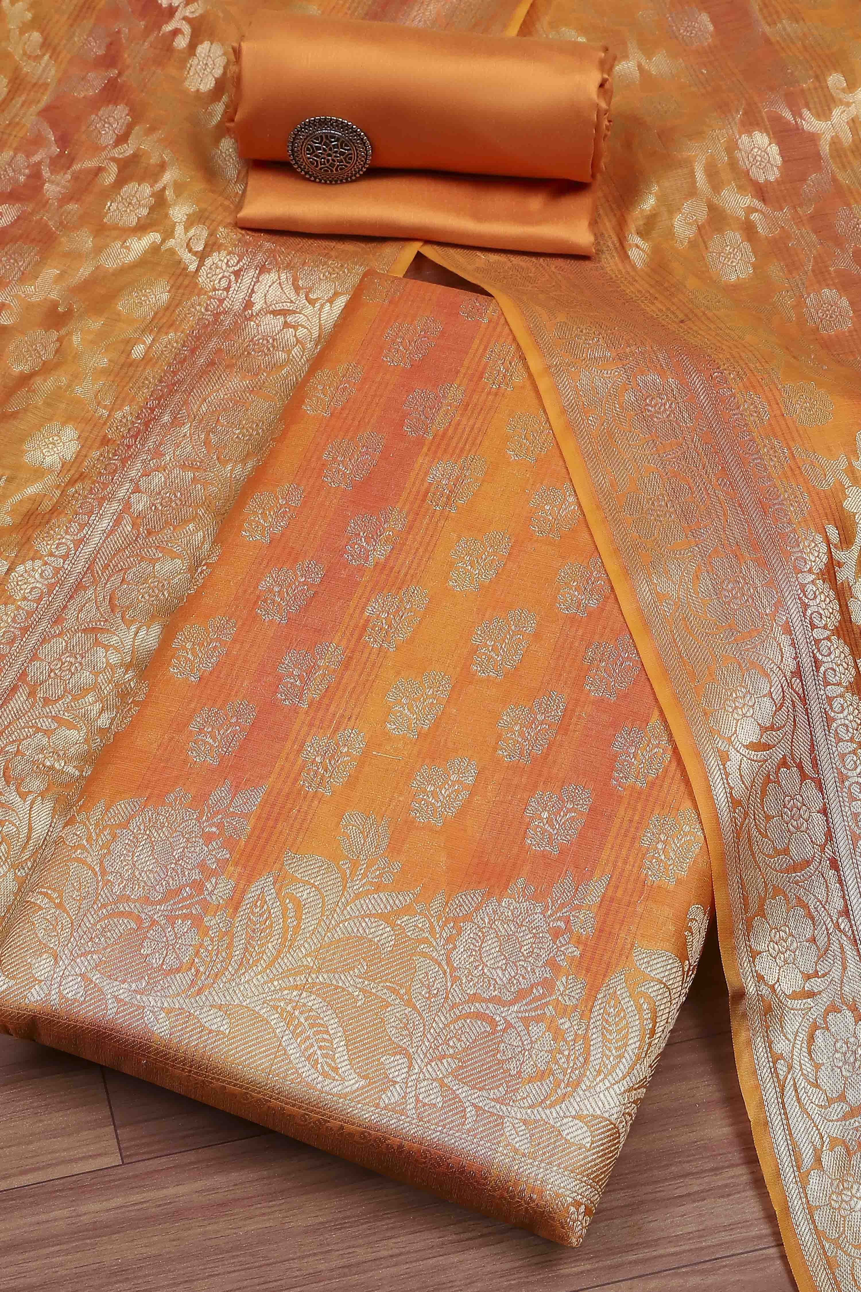 Rust Banarasi Chanderi Banarasi Print Unstitched Suit Set image number 0