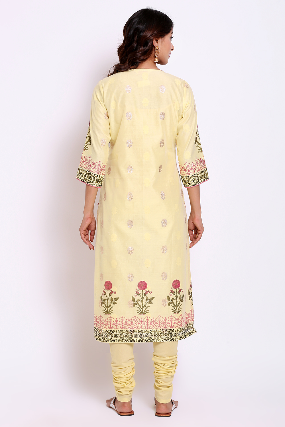 Pale Yellow Poly Metallic Cotton Straight Kurta Churidar Suit Set image number 5