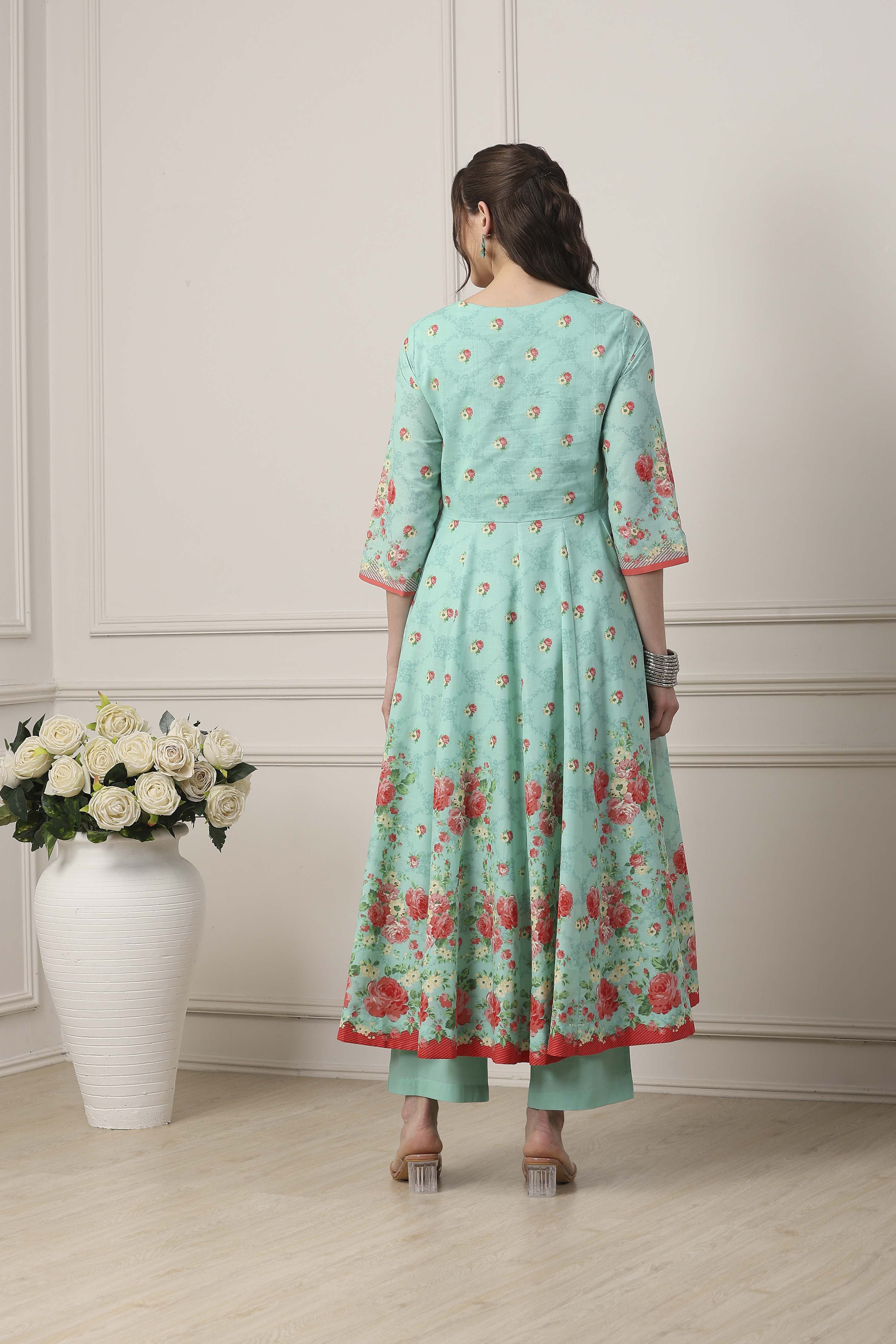Blue Cotton All-Over Floral Kalidar Suit Set image number 4