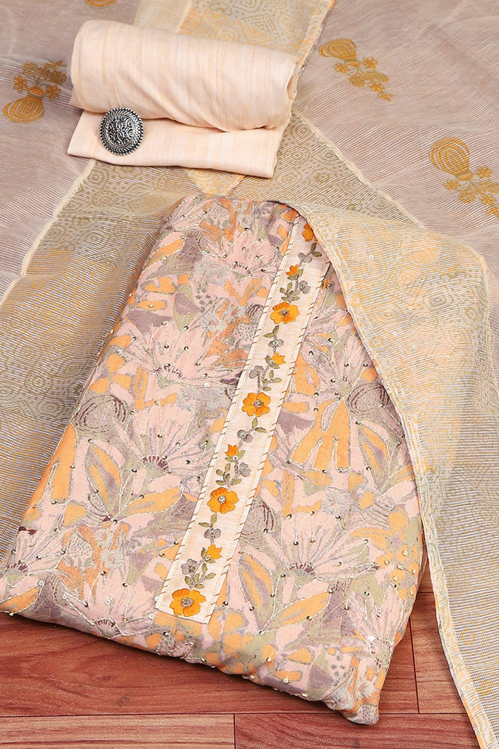 White Blue Cotton Digital Print Unstitched Suit Set image number 0