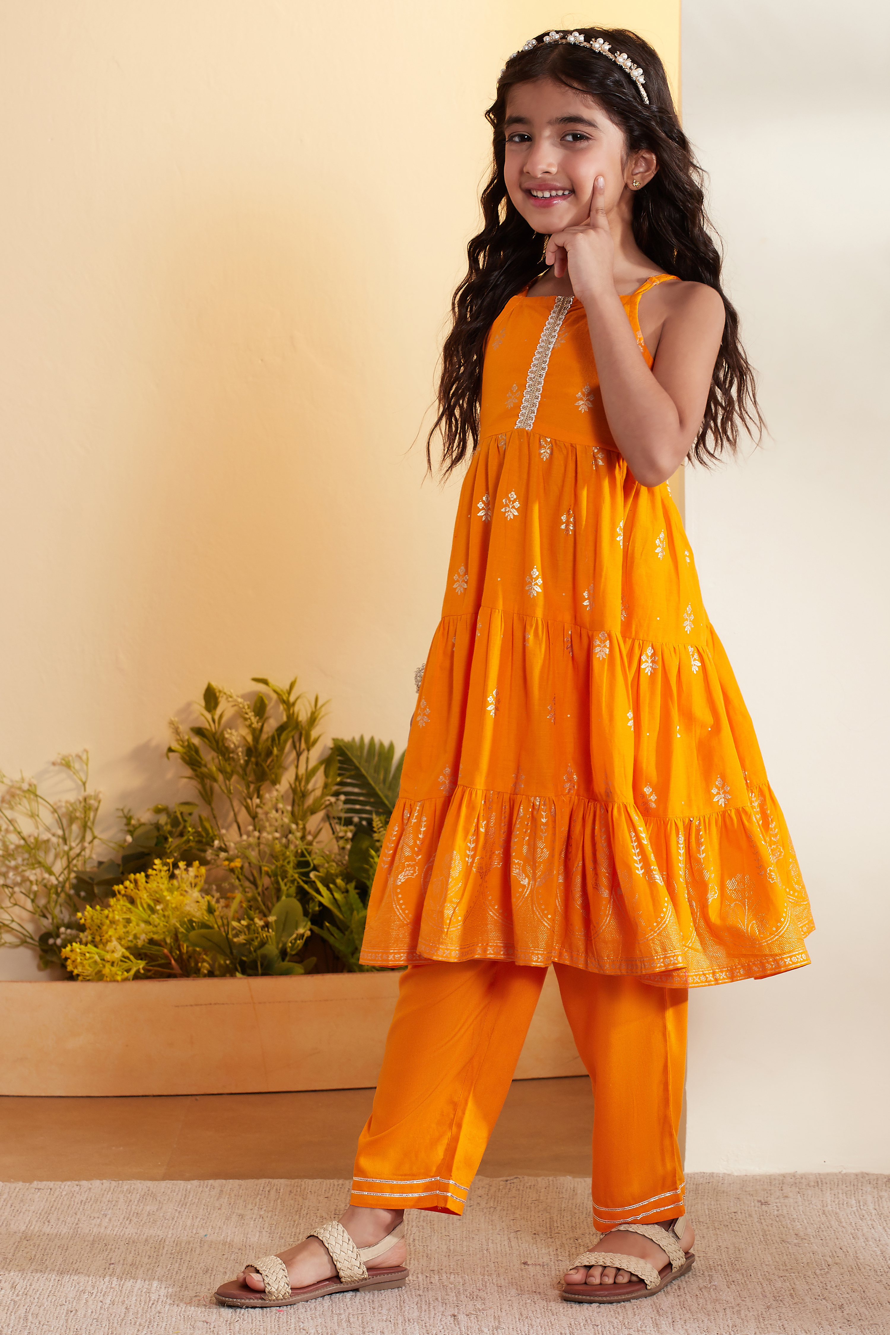 Orange Printed Cotton Tiered Kurta Set image number 3