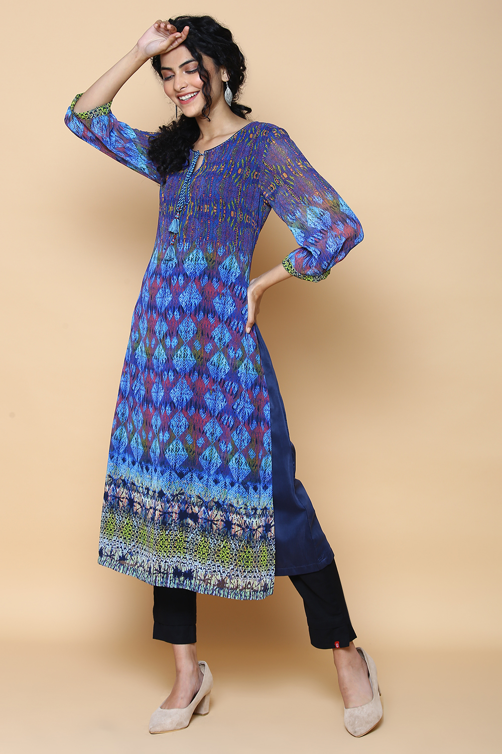 Indigo Art Silk Printed Kurta image number 2